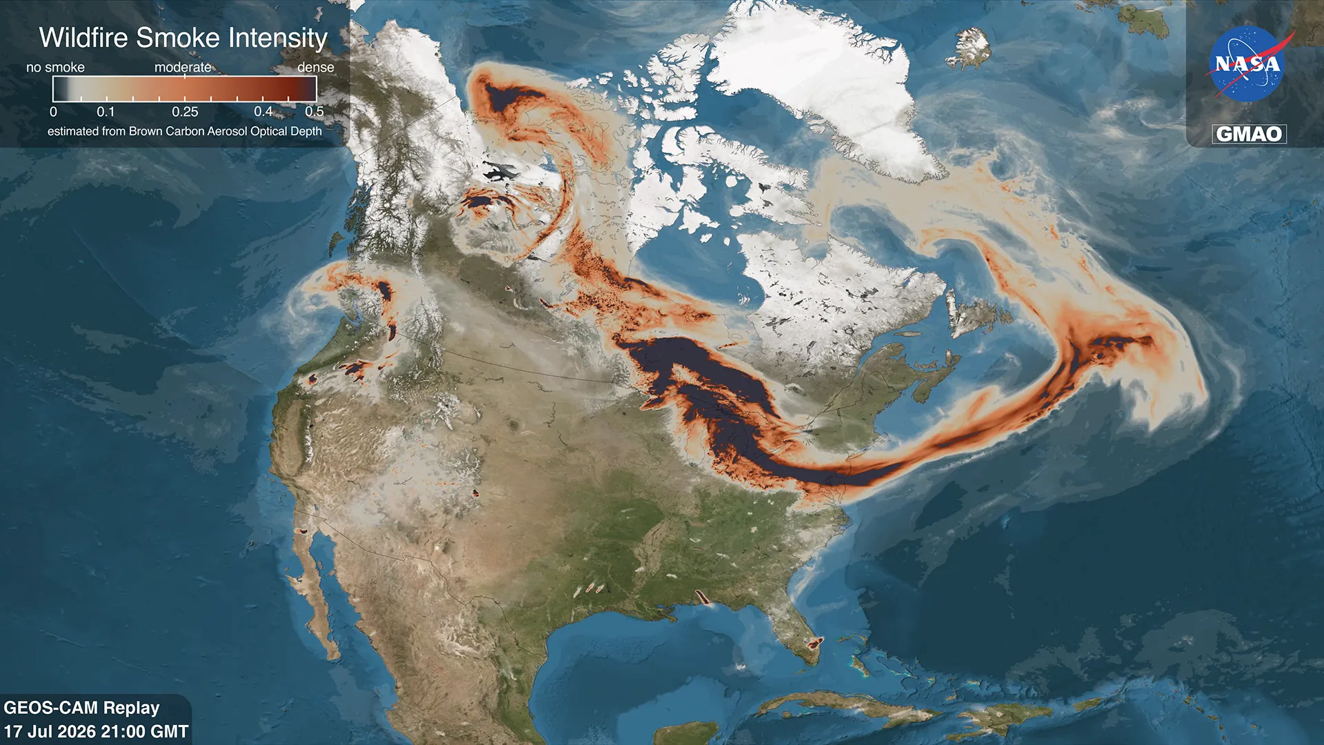 NASA satellite composite showing dense Canadian wildfire smoke spreading across the Great Lakes, northeastern, and mid-Atlantic United States during the July 2026 Code Purple event