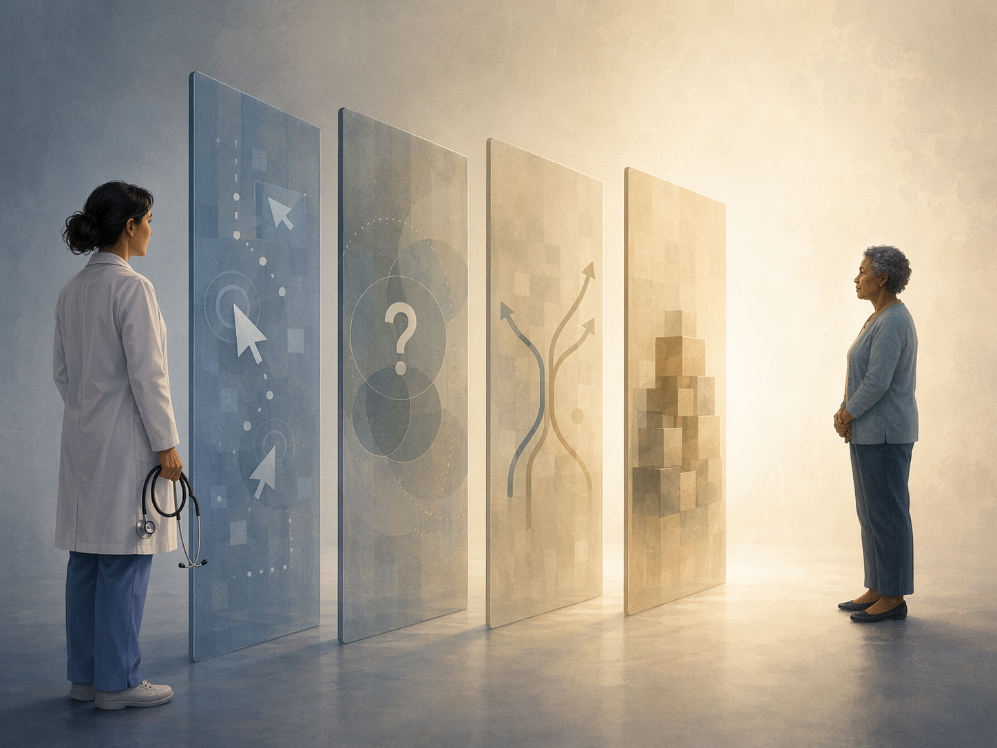 A conceptual editorial illustration showing a clinician on one side and a patient on the other, separated by four translucent geometric barrier panels. The panels visually suggest usability friction, trust deficit, equity concerns, and cost barriers. A gap of warm light between the barriers hints at the human connection that must bridge these obstacles.