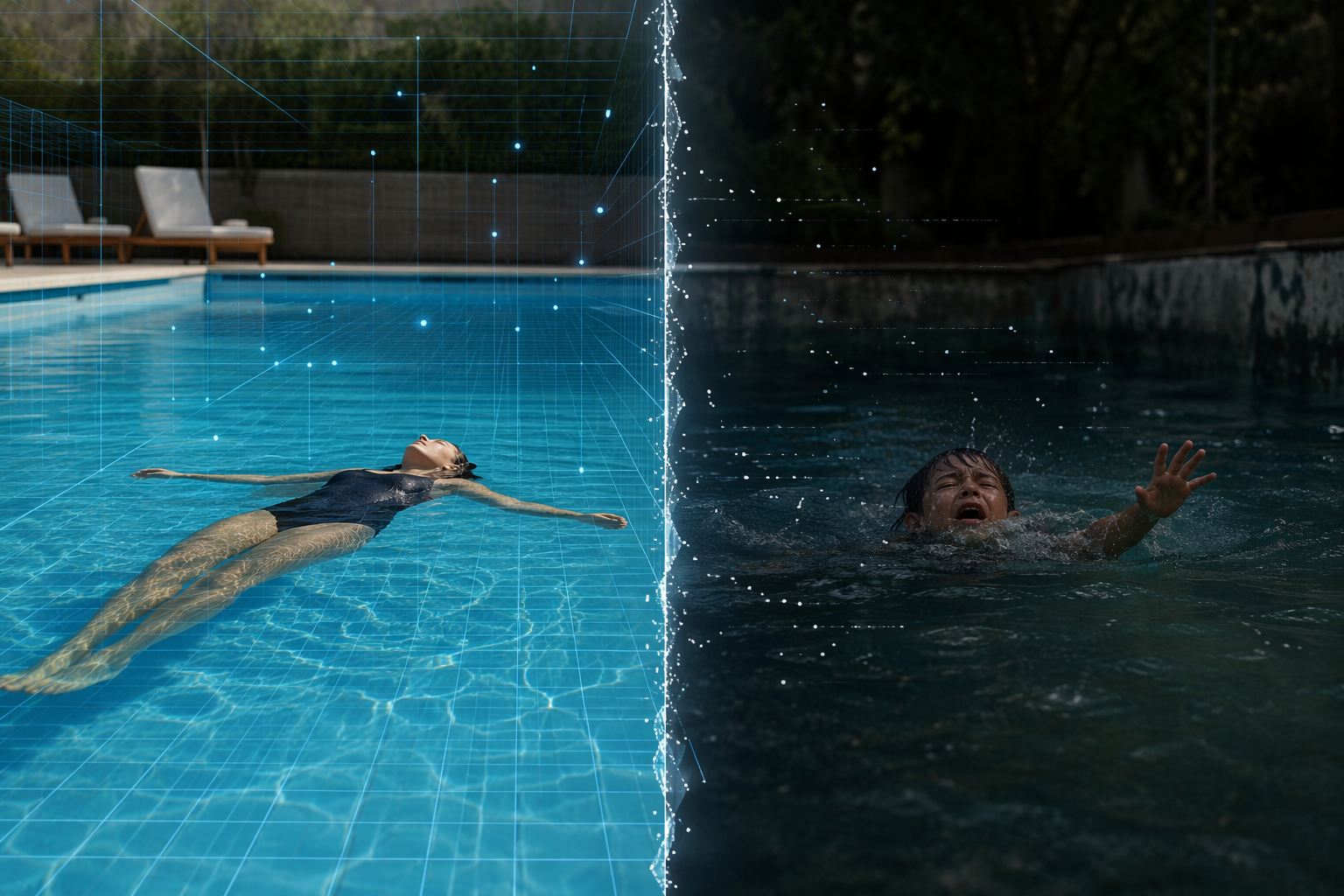 Split pool scene contrasting clean AI-monitored conditions with a darker realistic distress scenario