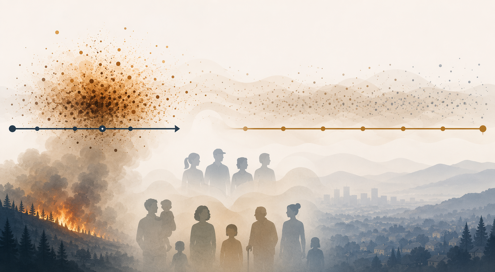 Parallel acute and chronic smoke exposure timelines showing short intense exposure and longer cumulative exposure