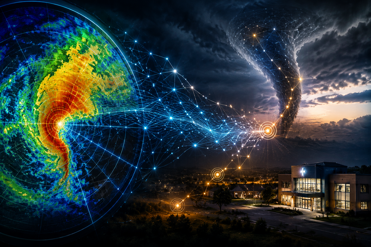 Stylized tornado with radar scan rings, digital data streams, a community silhouette, and a hospital