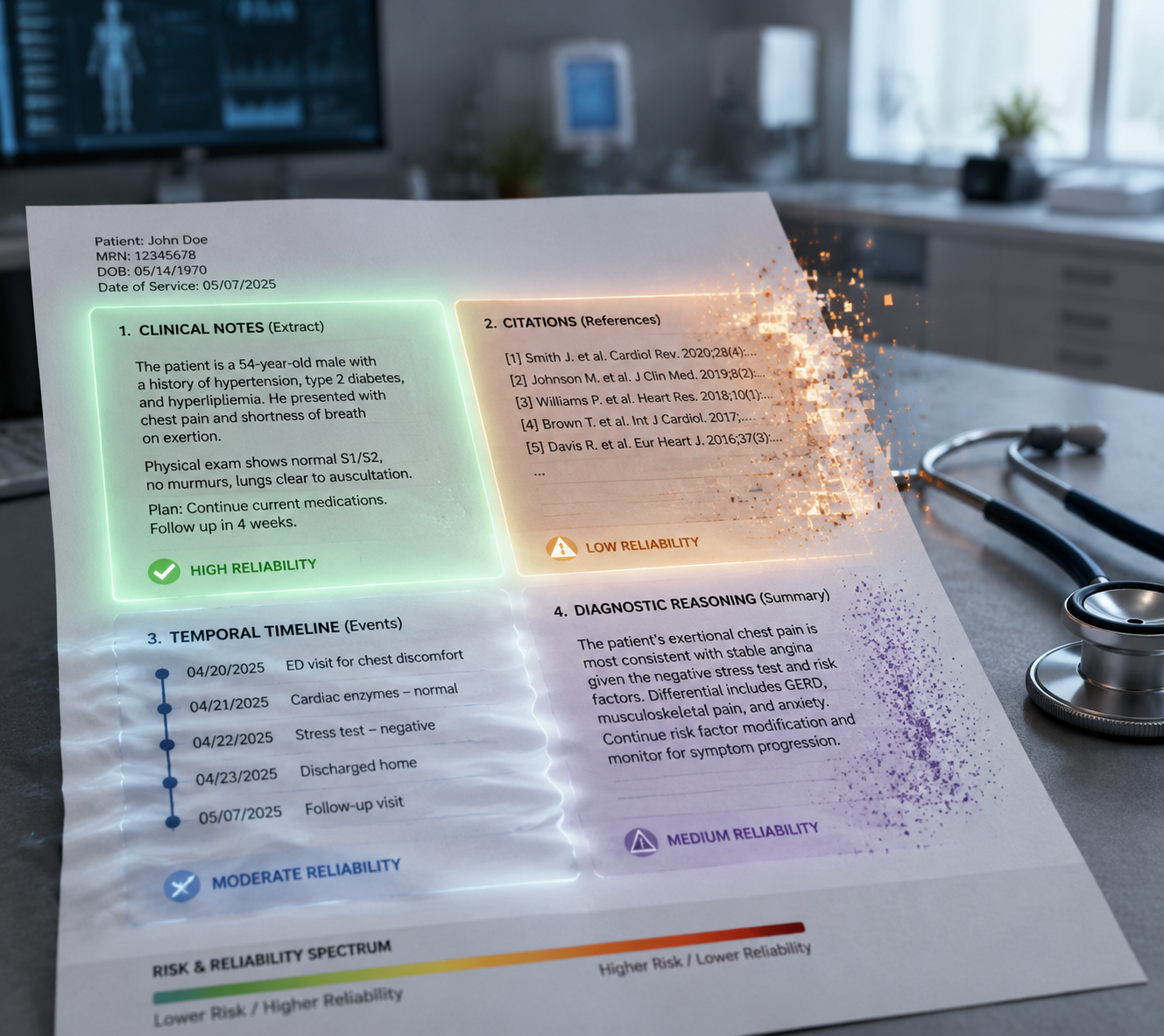Clinical document showing clearer clinical notes, hazier citations, a blurred timeline, and a scattered diagnostic section