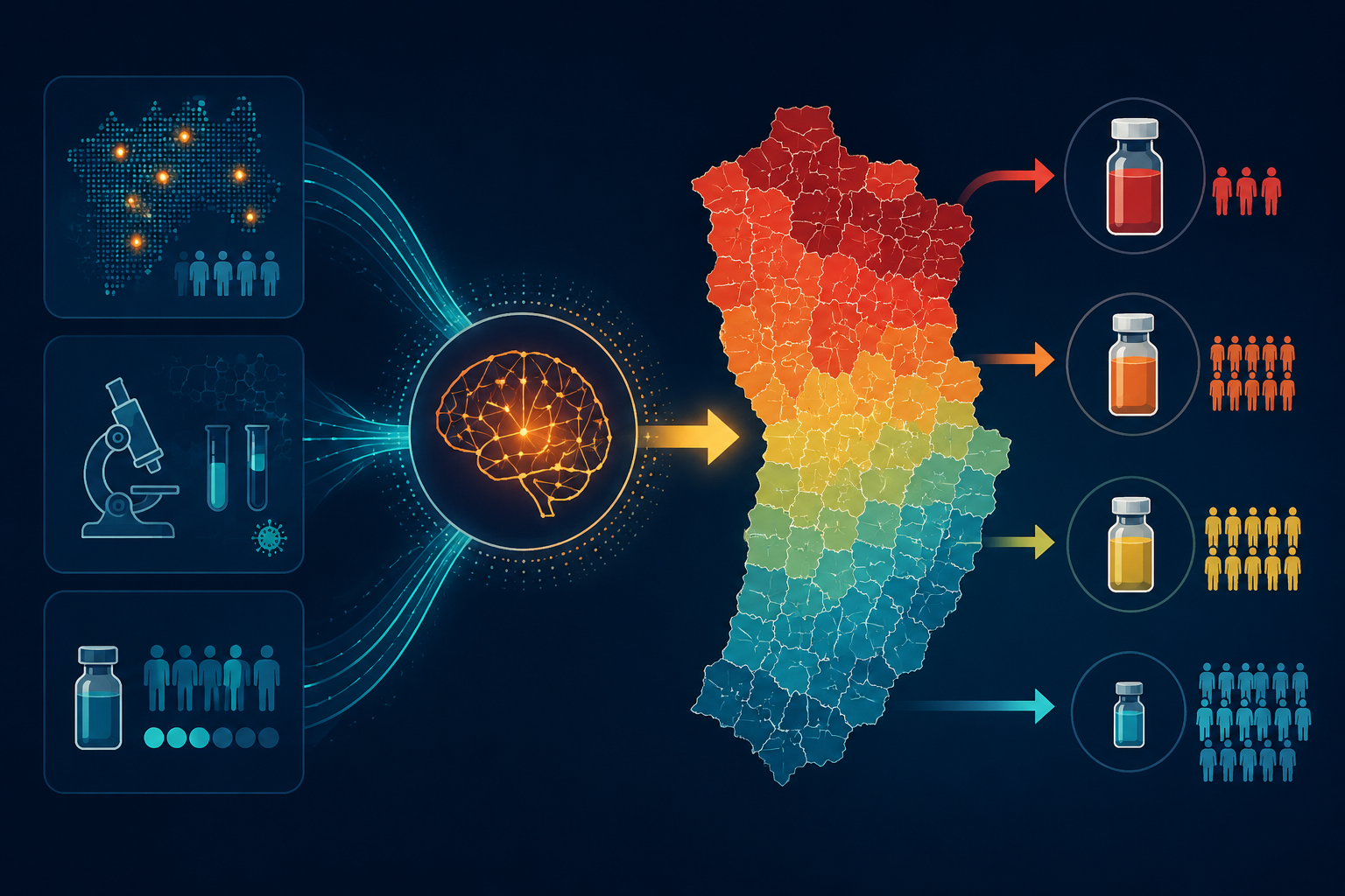 Operational workflow showing surveillance and laboratory inputs flowing into a model node, then into district risk maps and vaccine allocation