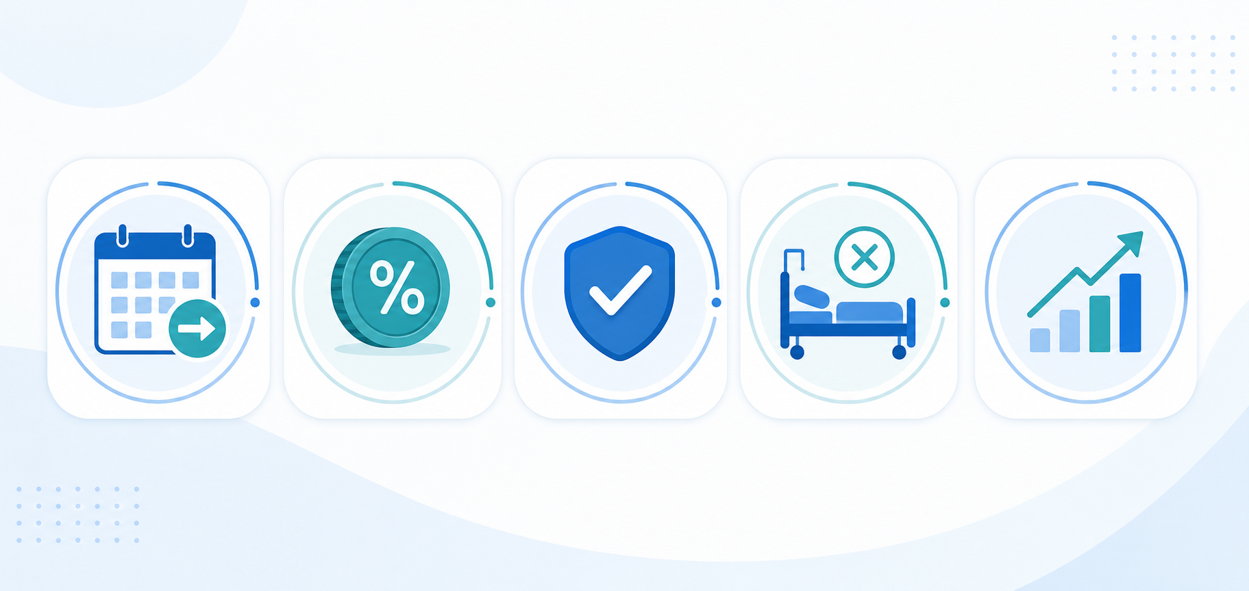 Five icon-style visual indicators arranged horizontally in rounded badges on a blue and teal background: a calendar with arrow for Days in A/R, a coin with percentage symbol for Cost to Collect, a checkmark badge for Clean Claim Rate, a hospital bed with crossed-out symbol for DNFB rate, and an upward arrow for Net Revenue.