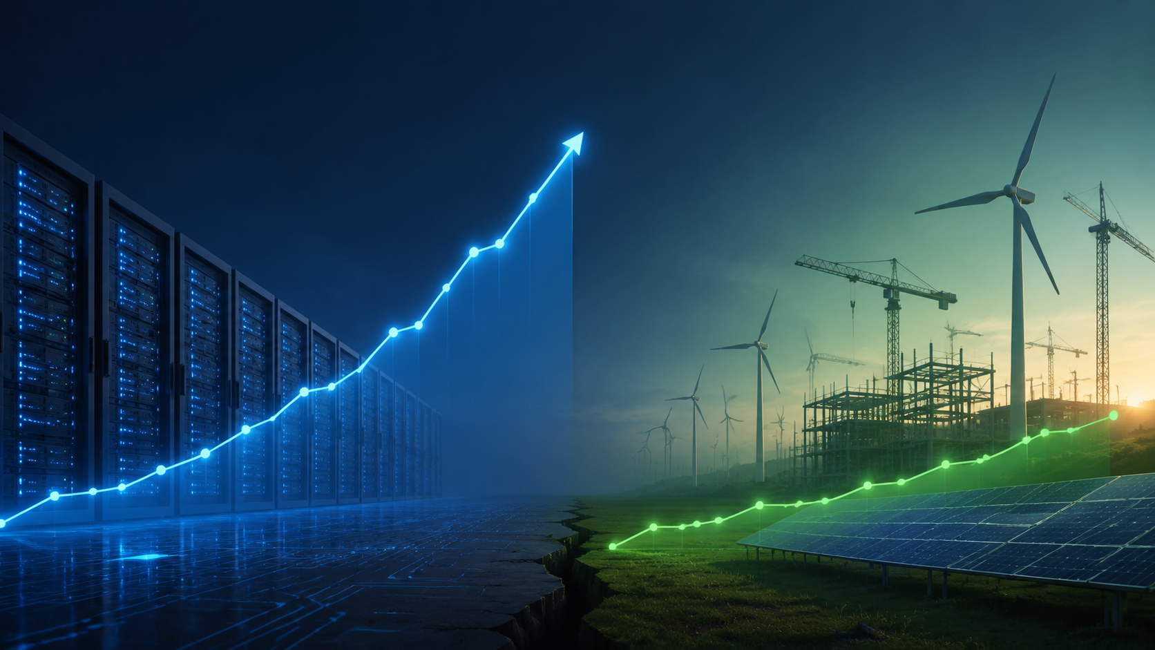 Conceptual visualization of rising energy demand and slower renewable infrastructure growth