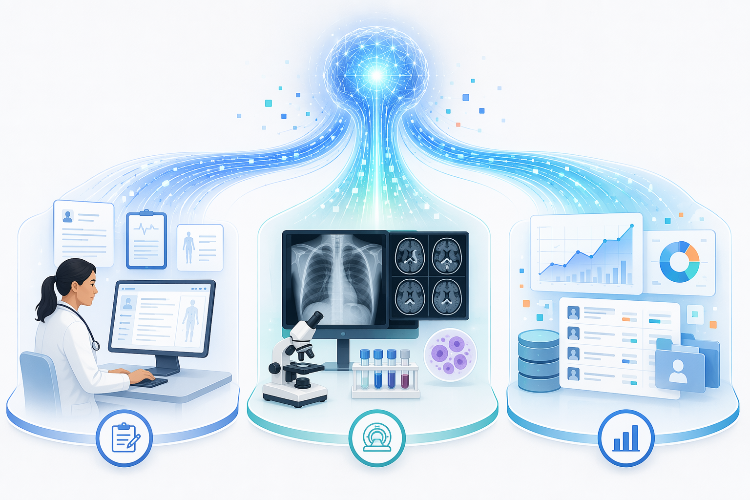 Generative AI streams branching into clinical documentation, diagnostic workflows, and health data analytics