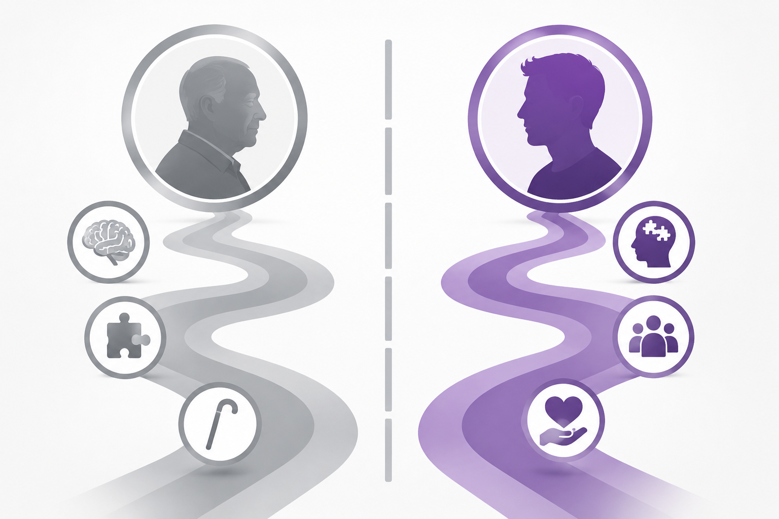 Side-by-side illustration of Silver Alert and Purple Alert pathways for different missing adult populations