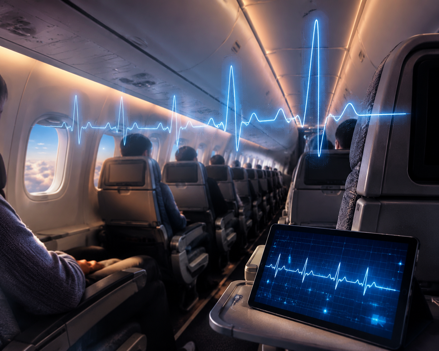 Aircraft cabin interior with a tablet showing an ECG trace and AI analysis markers