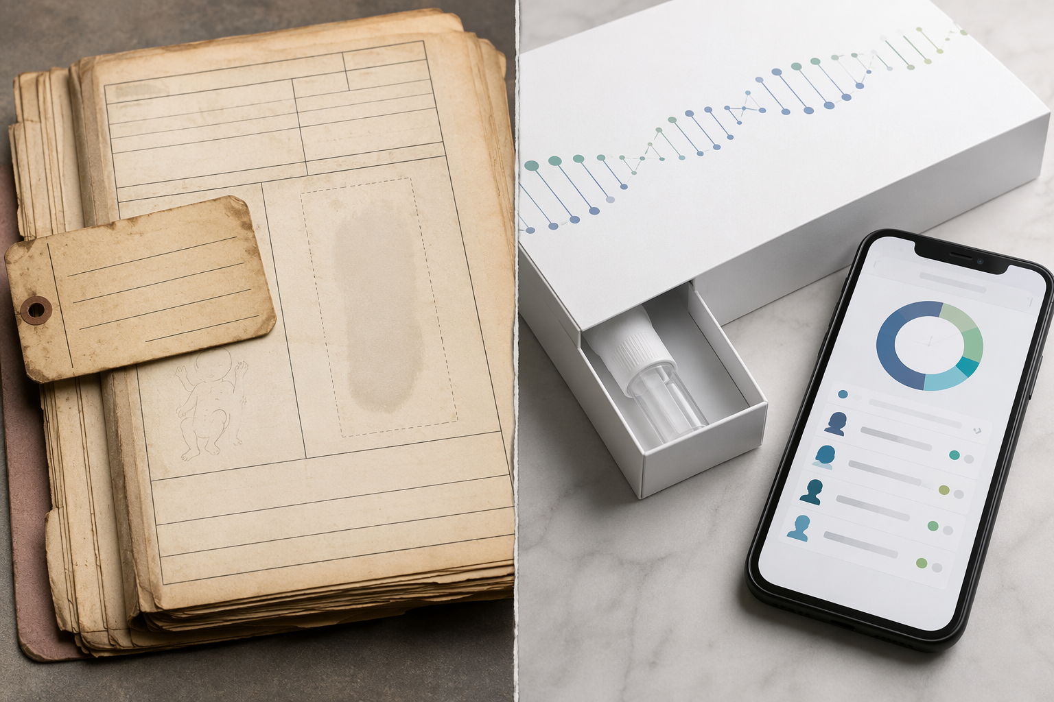 Faded paper maternity records beside a modern DNA test kit and smartphone genetic match result