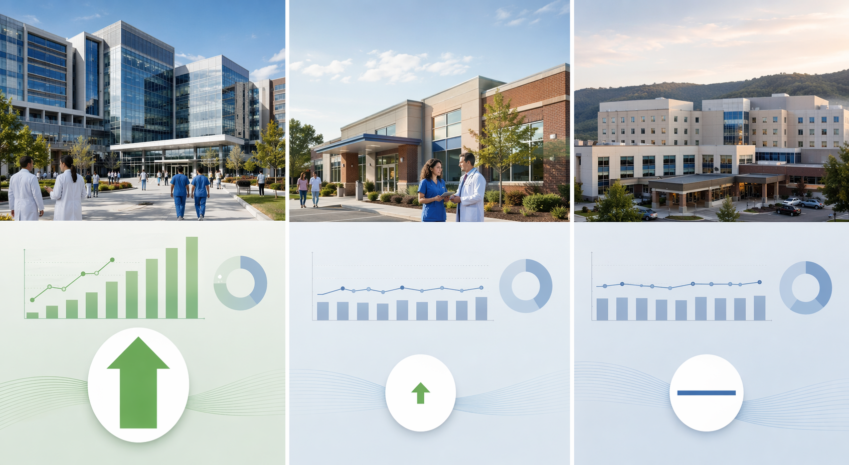 Three-panel editorial comparison: left panel shows a large academic medical center with a large green up-arrow indicating substantial positive outcome; middle panel shows a community medical group with a very small up-arrow; right panel shows a regional health system with a flat line indicating no change.