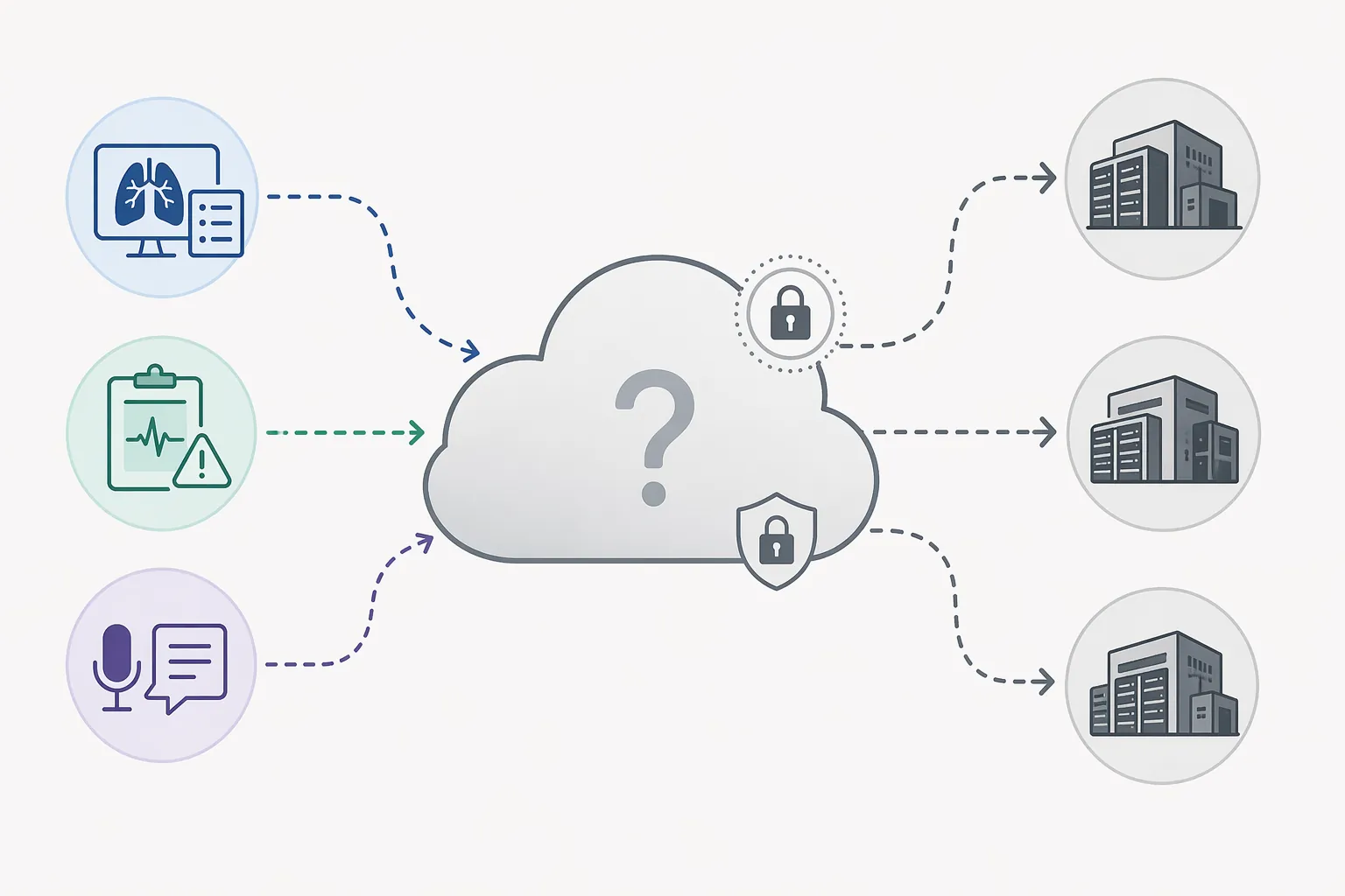 Clinical AI tools connected through an undisclosed cloud layer to generic data center infrastructure