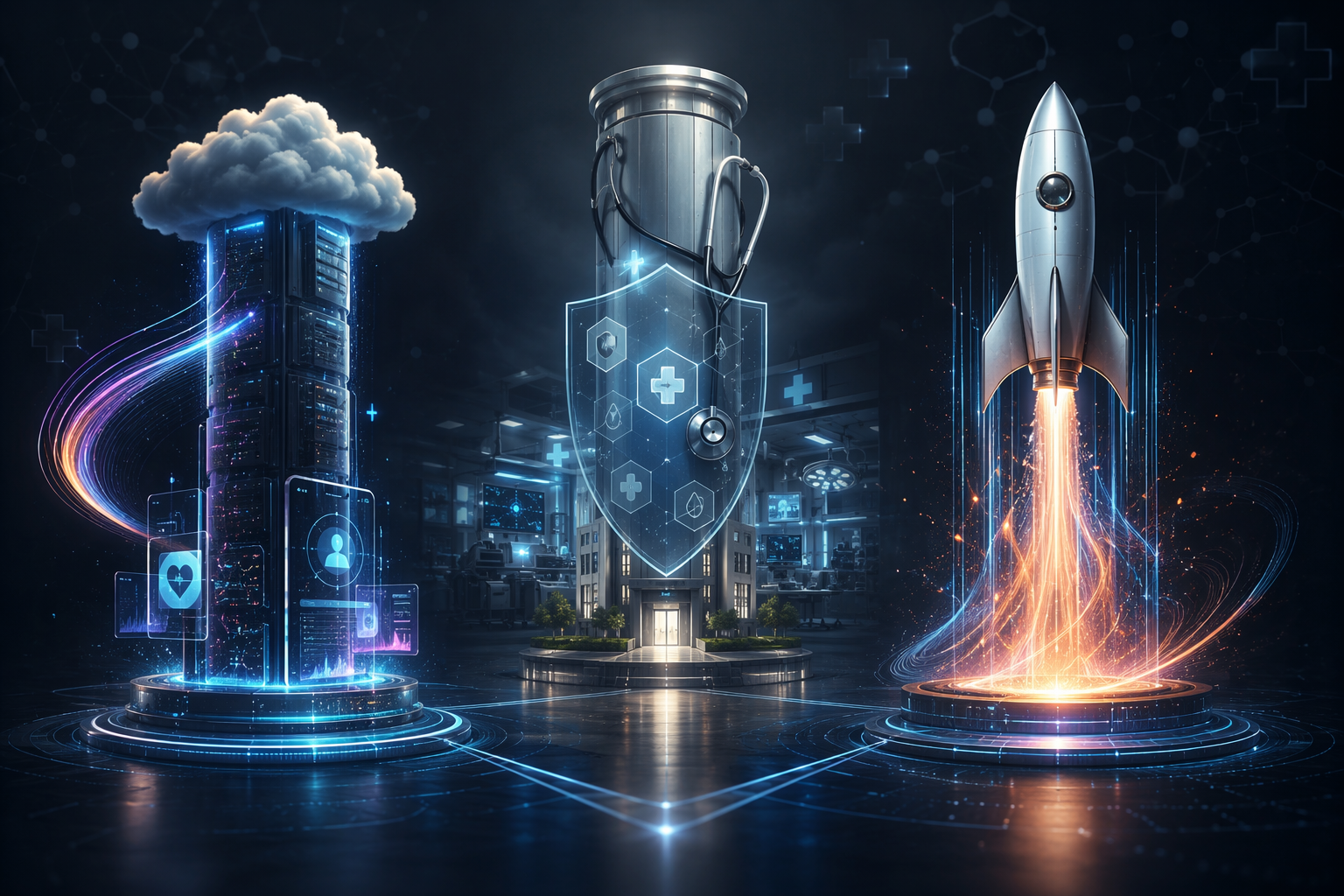 Three healthcare AI competitive pillars representing Big Tech, incumbent MedTech and pharma, and AI-native startups