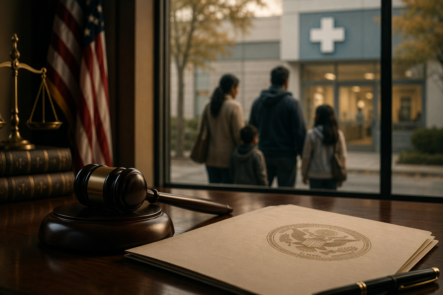 Government document and gavel with a family hesitating near a clinic entrance