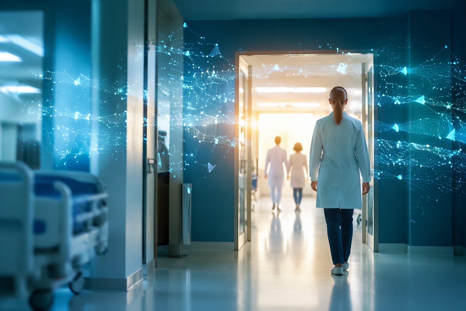 Modern hospital corridor with translucent data streams and network nodes suggesting a digital adoption threshold