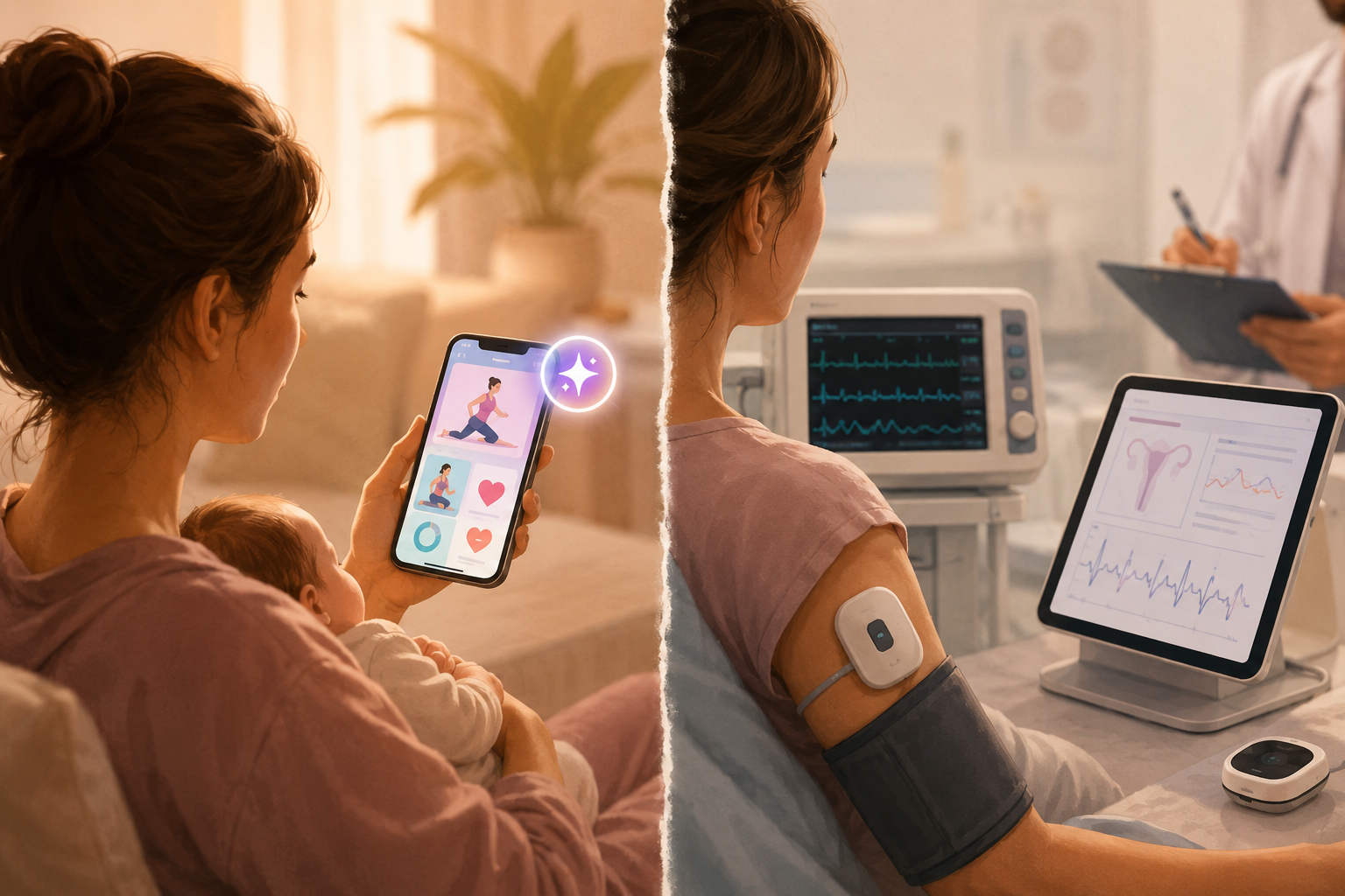 Split illustration contrasting consumer postpartum fitness AI with clinical monitoring tools
