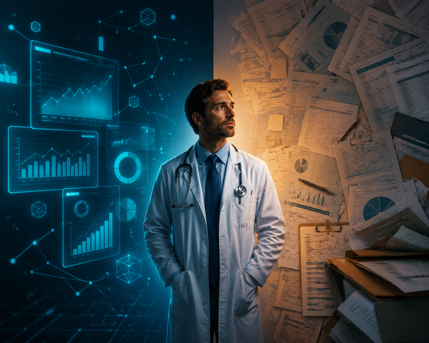 Physician between automated investment dashboards and complex financial documents such as loans, insurance policies, and partnership agreements