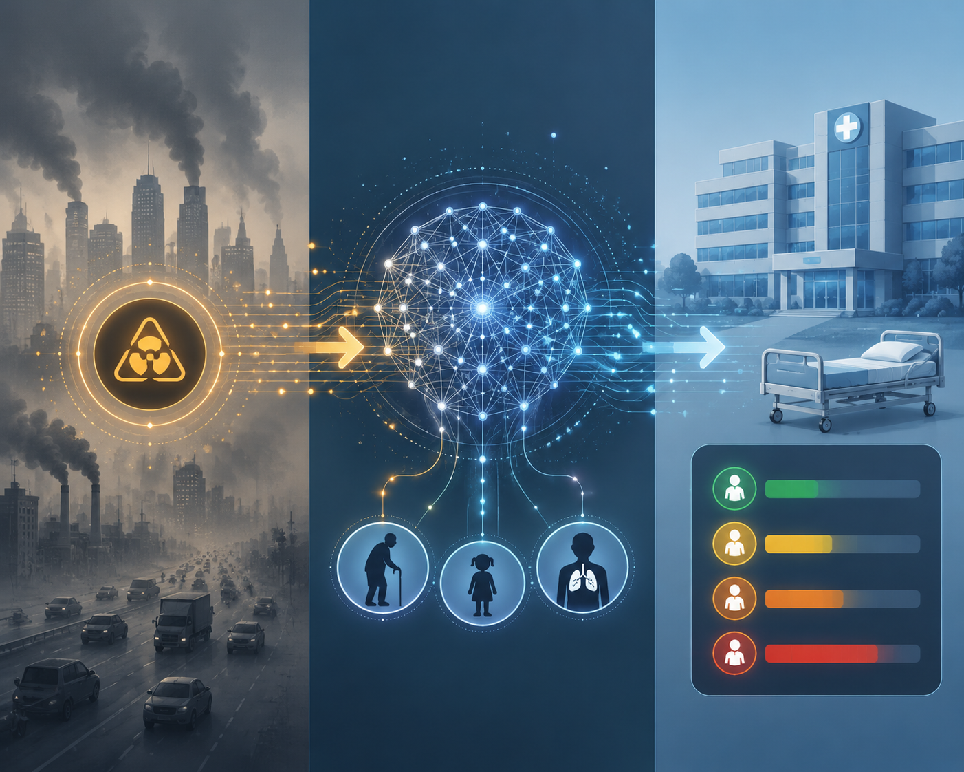 Pipeline from polluted AQI data through AI analysis and demographic vulnerability assessment to clinical health risk evaluation