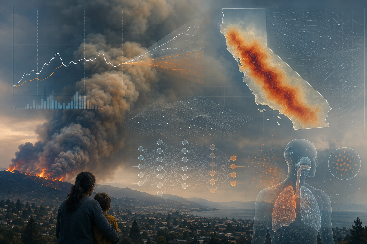 Wildfire smoke plume with California outline, forecast chart, and neural network overlays