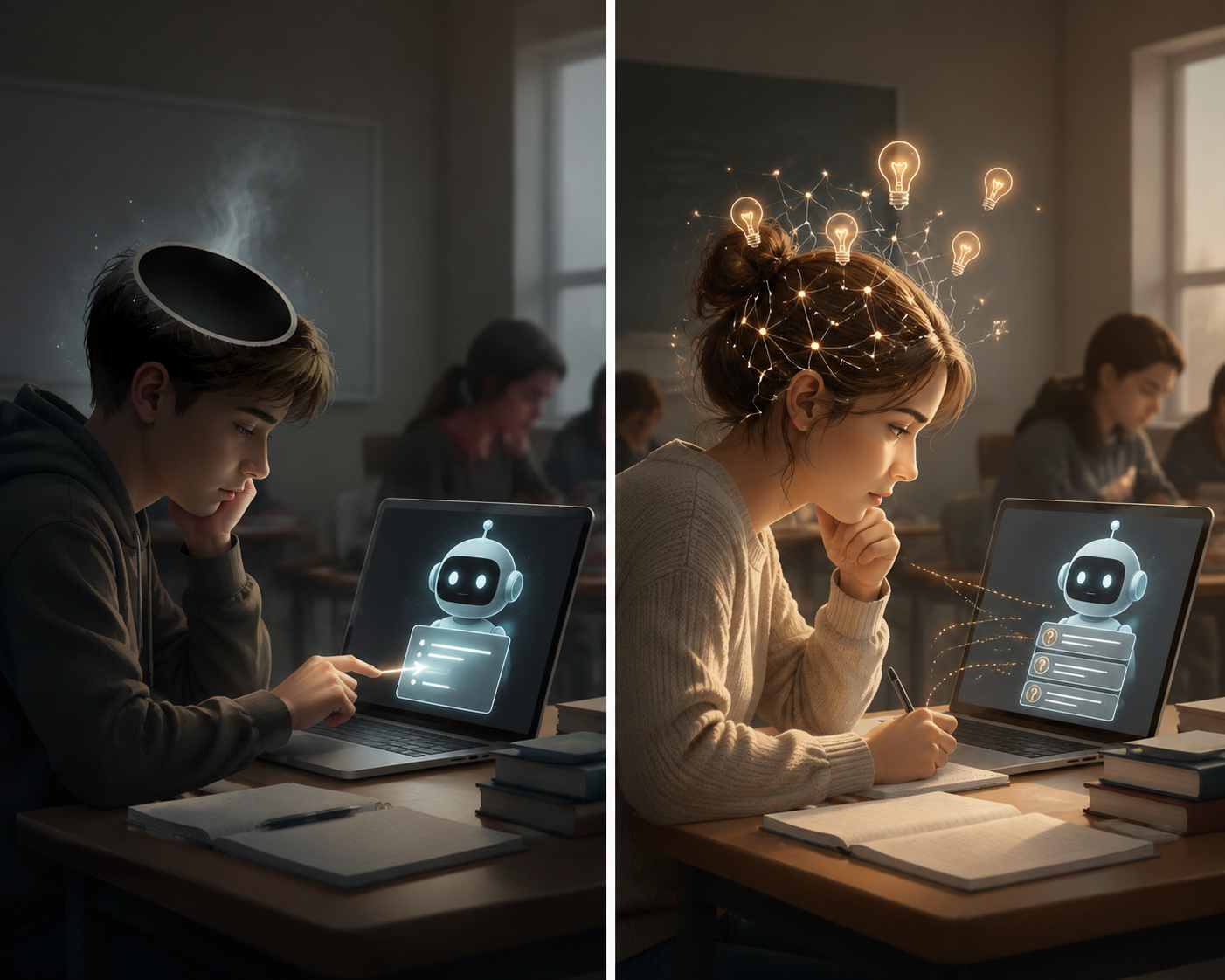 Two high school students using AI differently: one copying an answer and one working through guided hints