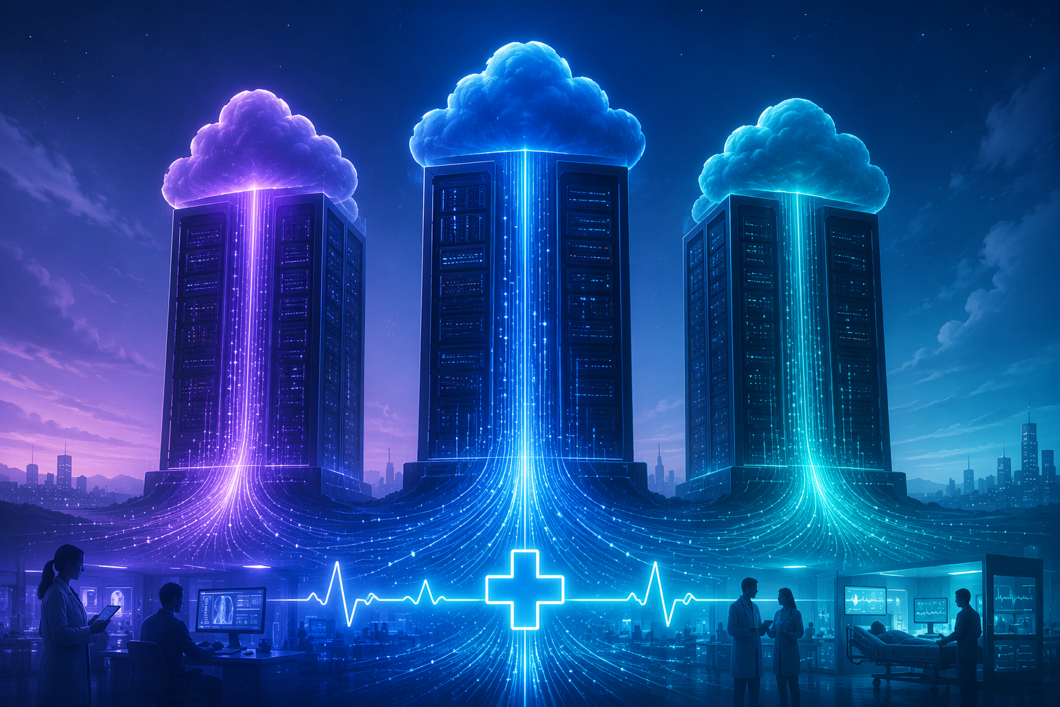 Abstract cloud infrastructure columns representing AWS, Microsoft Azure, and Google Cloud connected to healthcare data flows