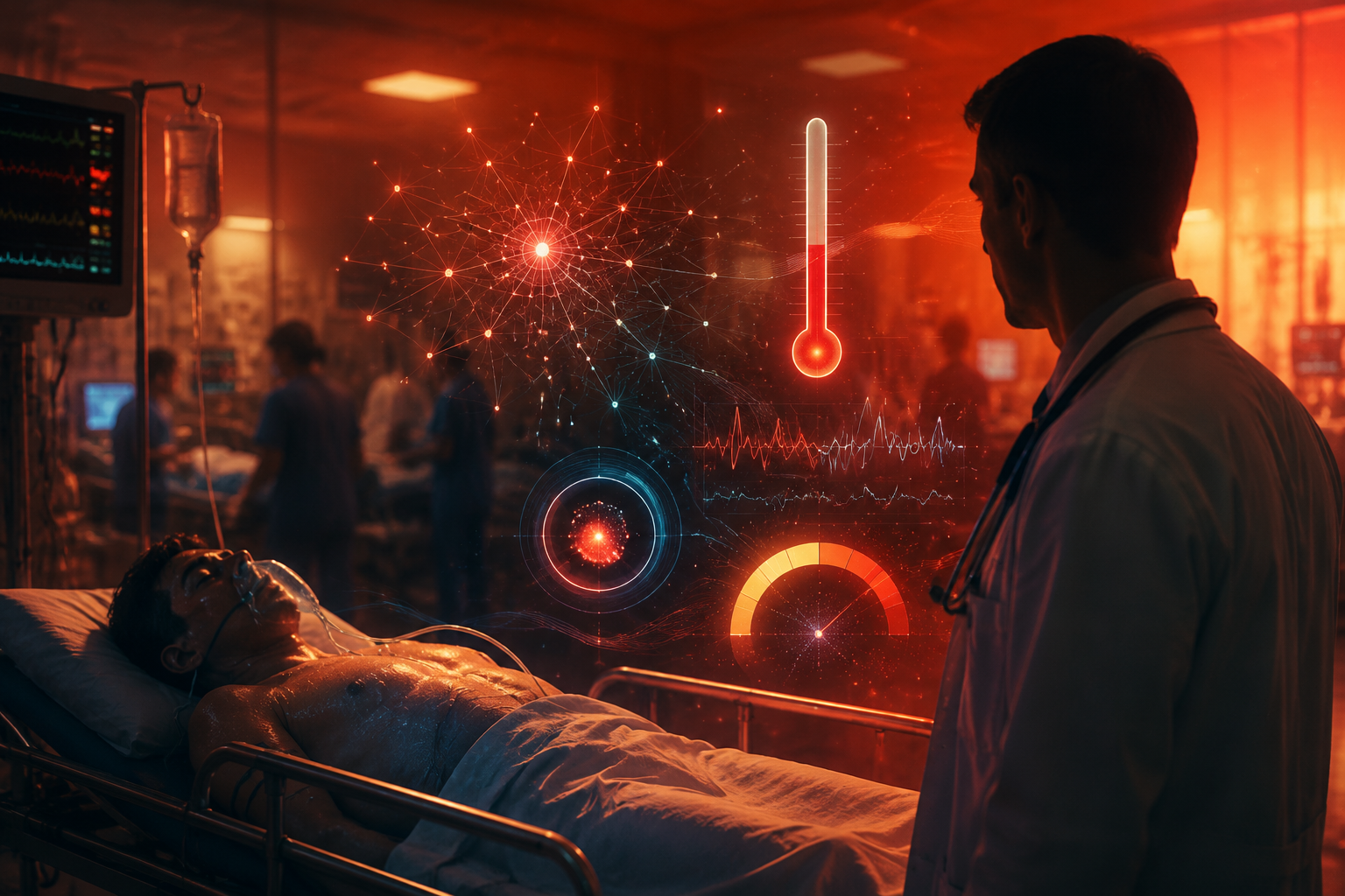 Emergency department heat illness scene with a clinician reviewing an AI risk prediction interface