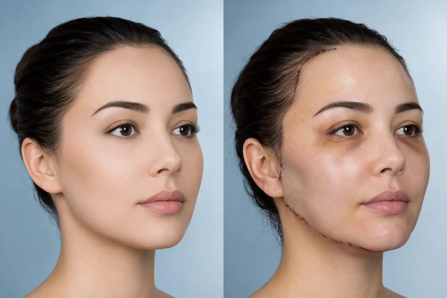 Split comparison of an overly smooth AI-generated facial after-image beside a more realistic postoperative result with swelling, bruising, incision lines, and natural skin texture