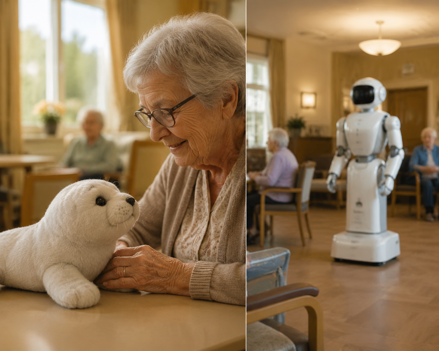Companion robot and humanoid robot contrasted in a senior living common room