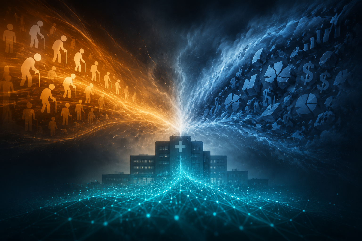 Three force fields representing retirement, financial pressure, and AI converging on a hospital building