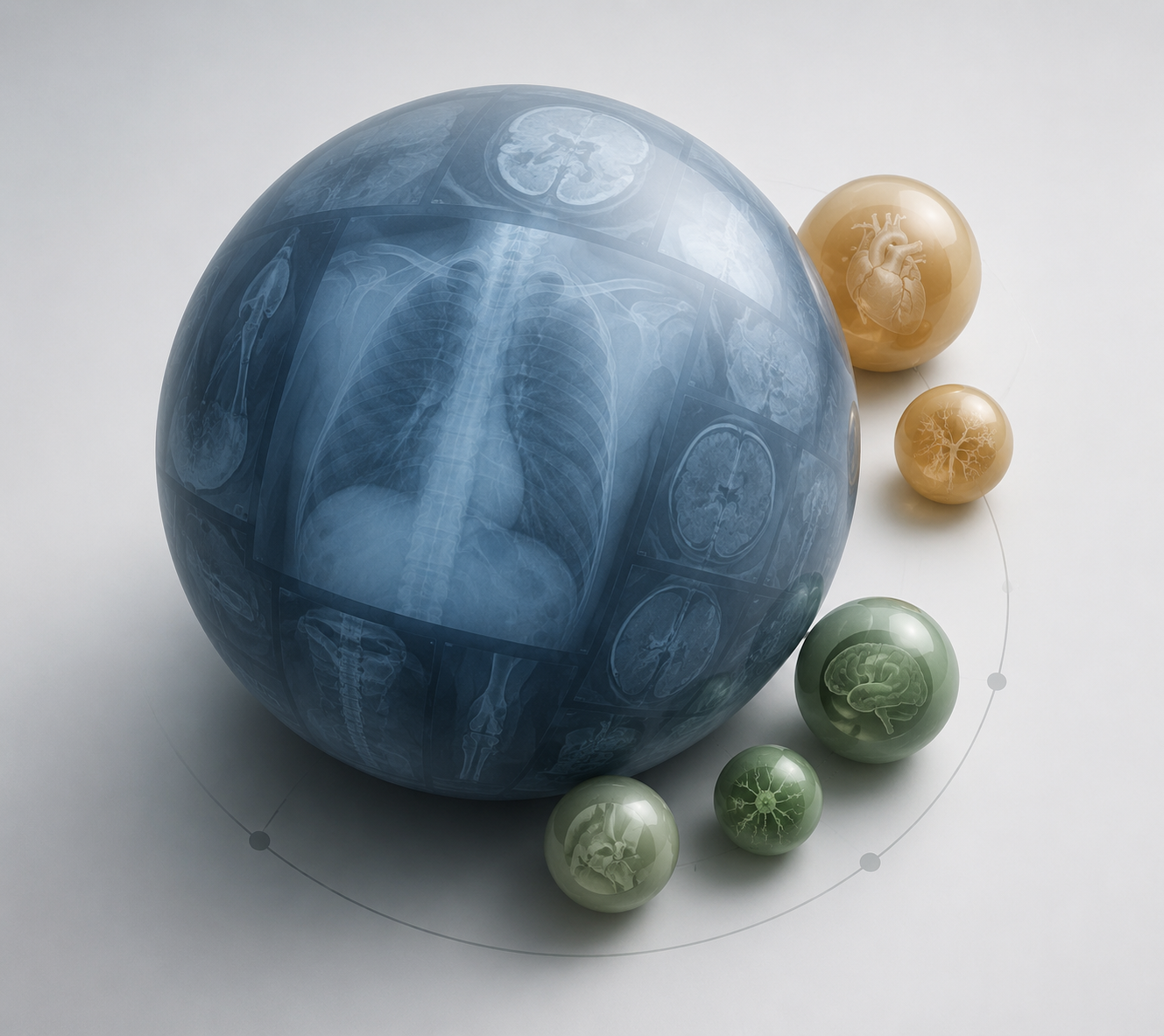 Large dominant sphere surrounded by smaller spheres representing the concentration of AI medical device clearances in radiology