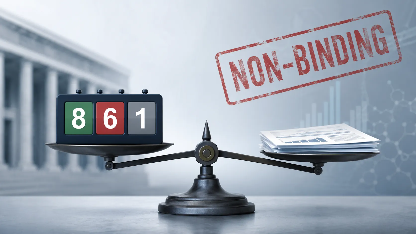 Advisory committee vote counter showing 8-6-1 beside a thin stack of research documents with a non-binding stamp