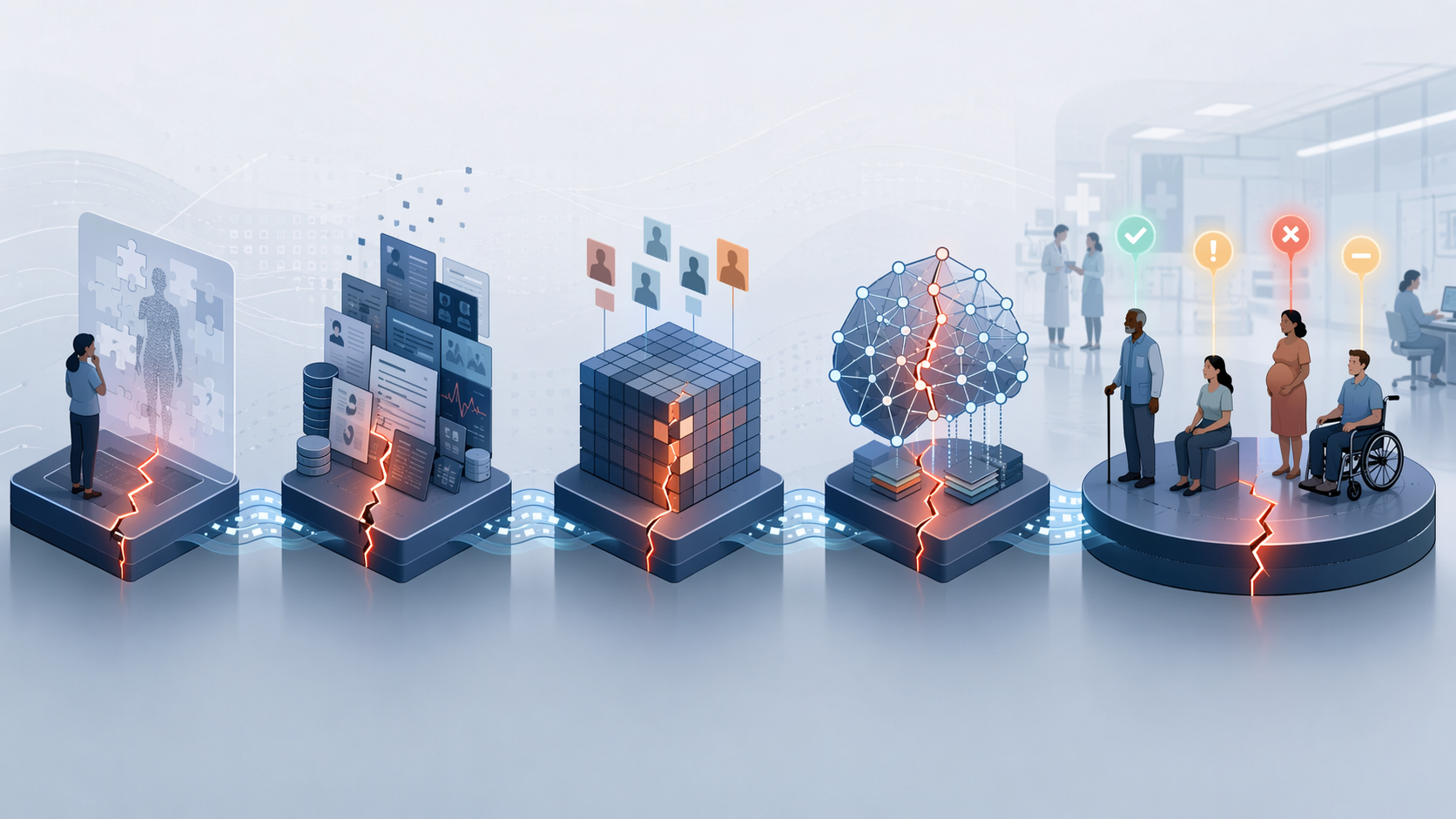 Healthcare AI pipeline with bias points across problem framing, data collection, label generation, model training, and deployment