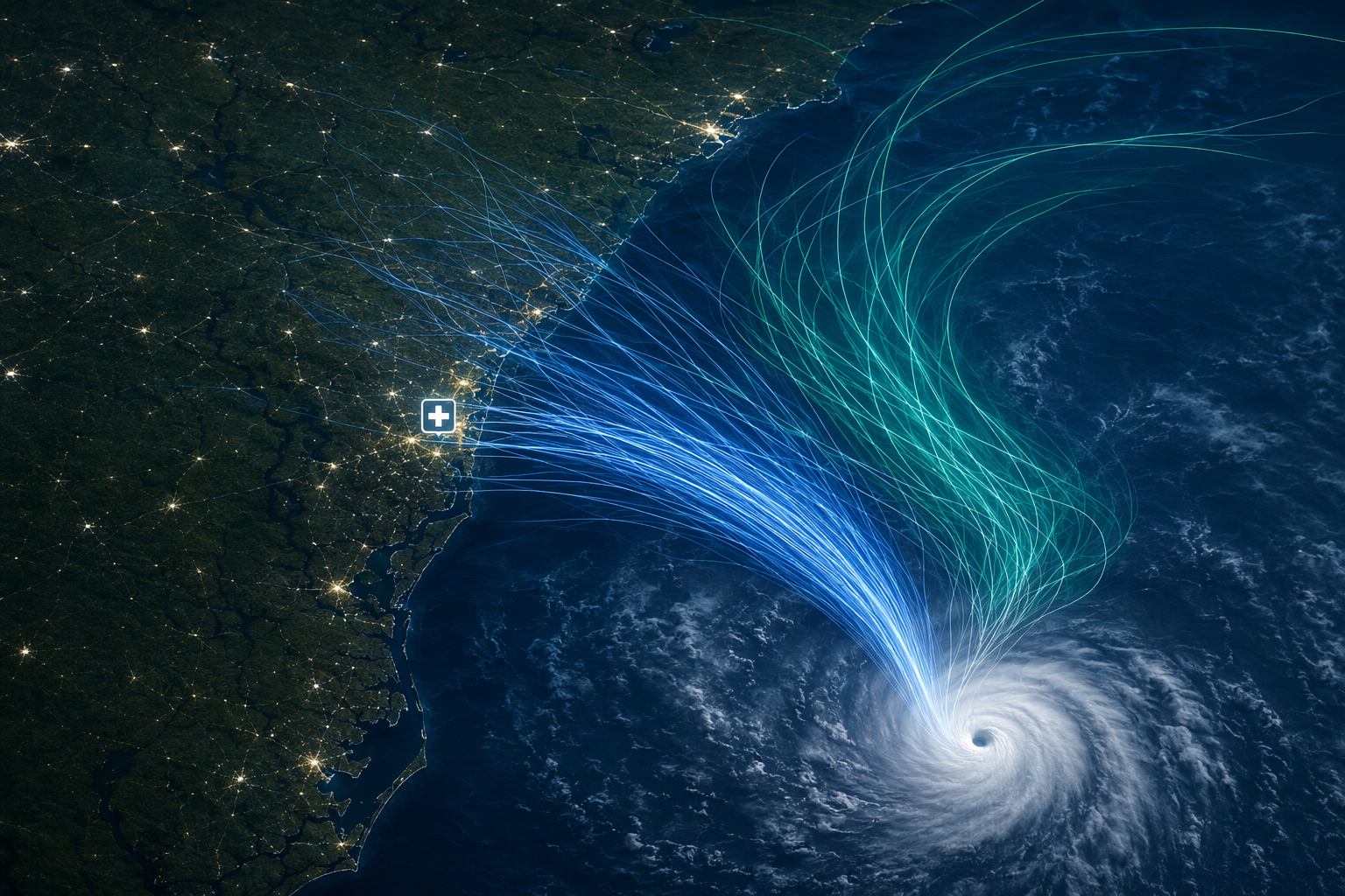 Probabilistic hurricane ensemble tracks approaching a coastal hospital area