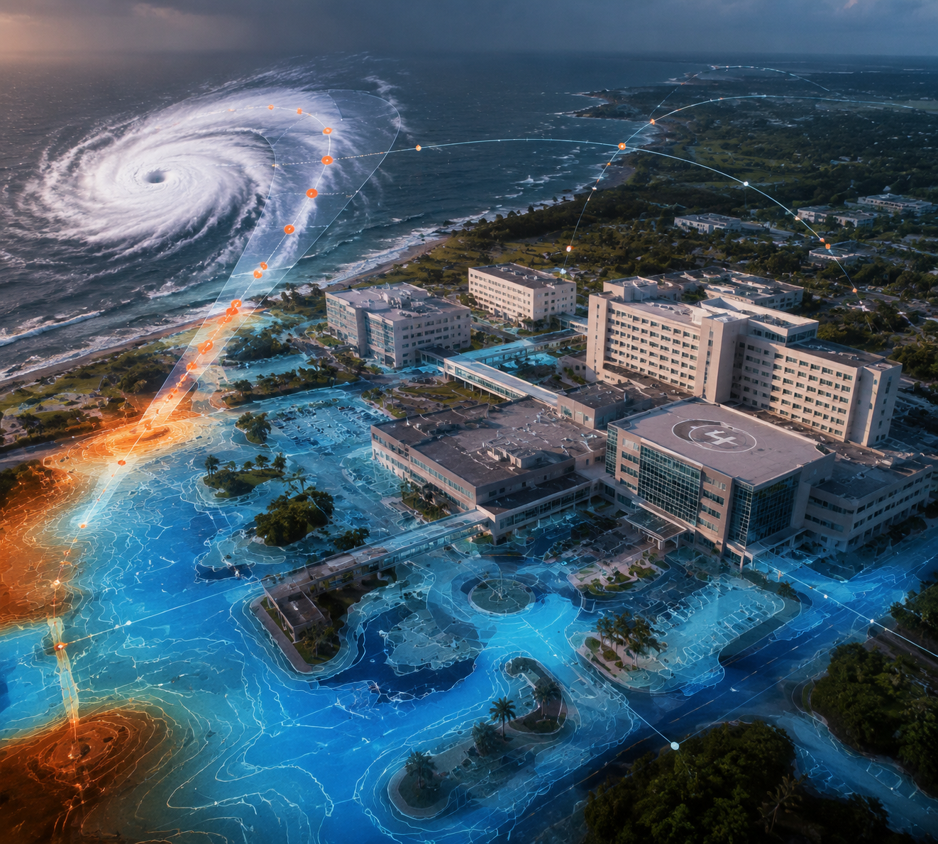 Coastal hospital campus overlaid with hurricane track cone, flood-depth contours, and AI forecasting data lines
