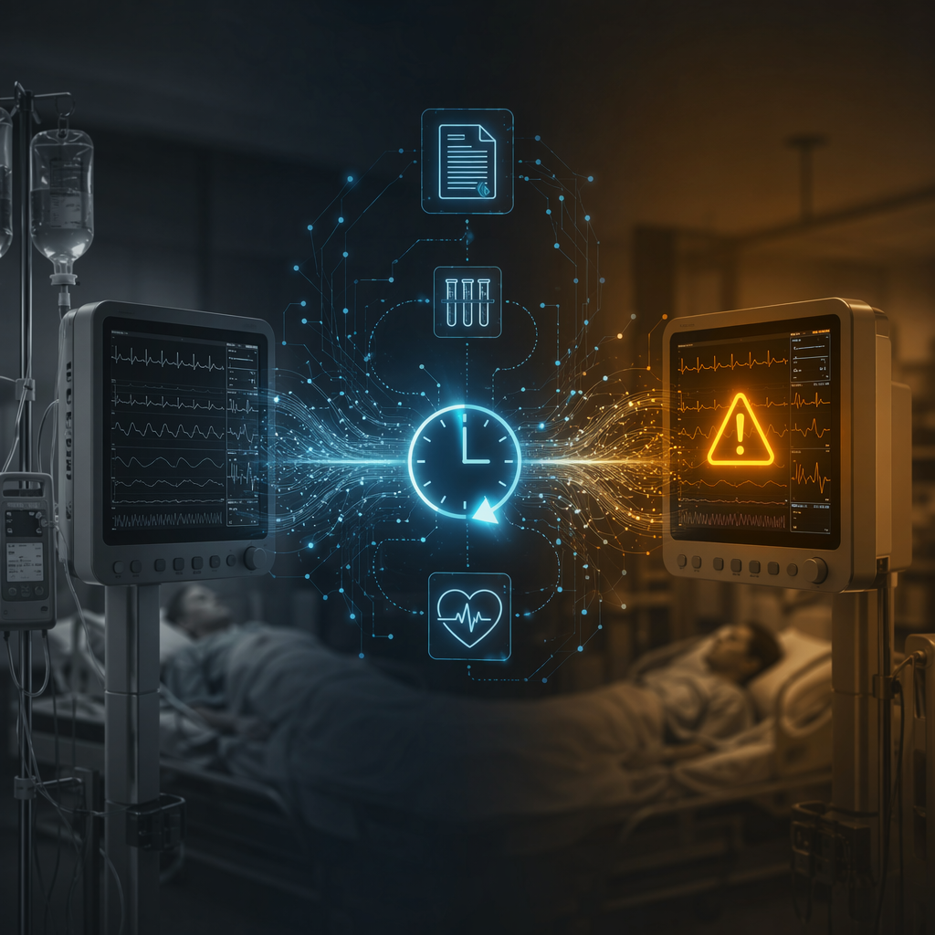 Sepsis early warning timeline showing conventional monitoring and an AI-predicted alert 6 to 24 hours earlier