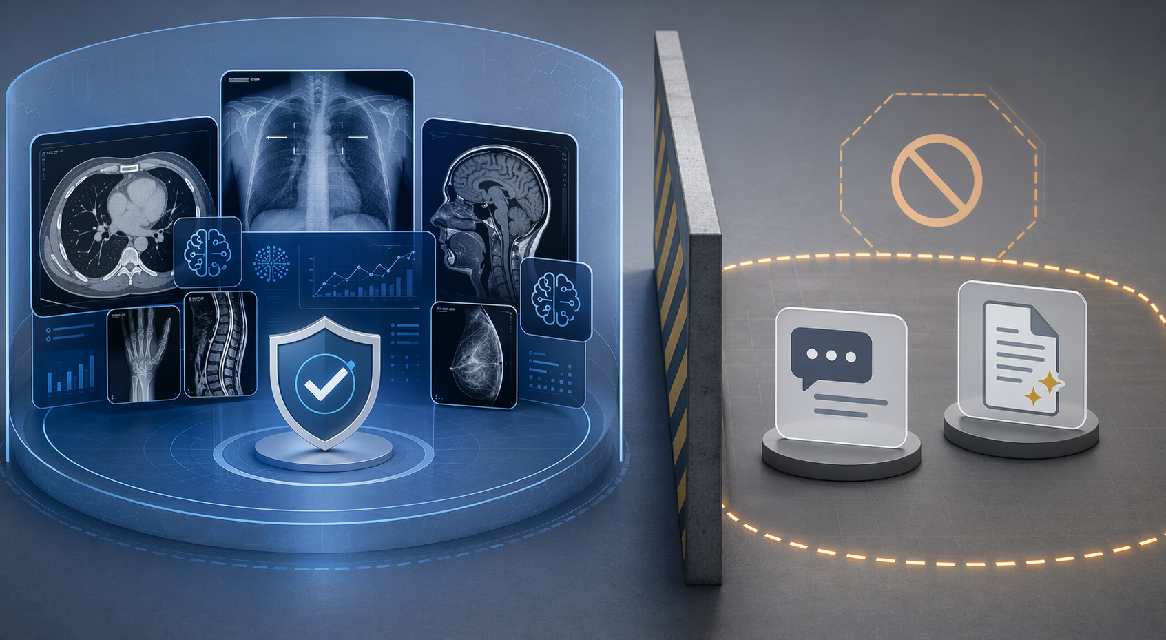Regulatory comparison showing clustered imaging AI devices in an approved zone and generative AI tools separated in an unauthorized zone