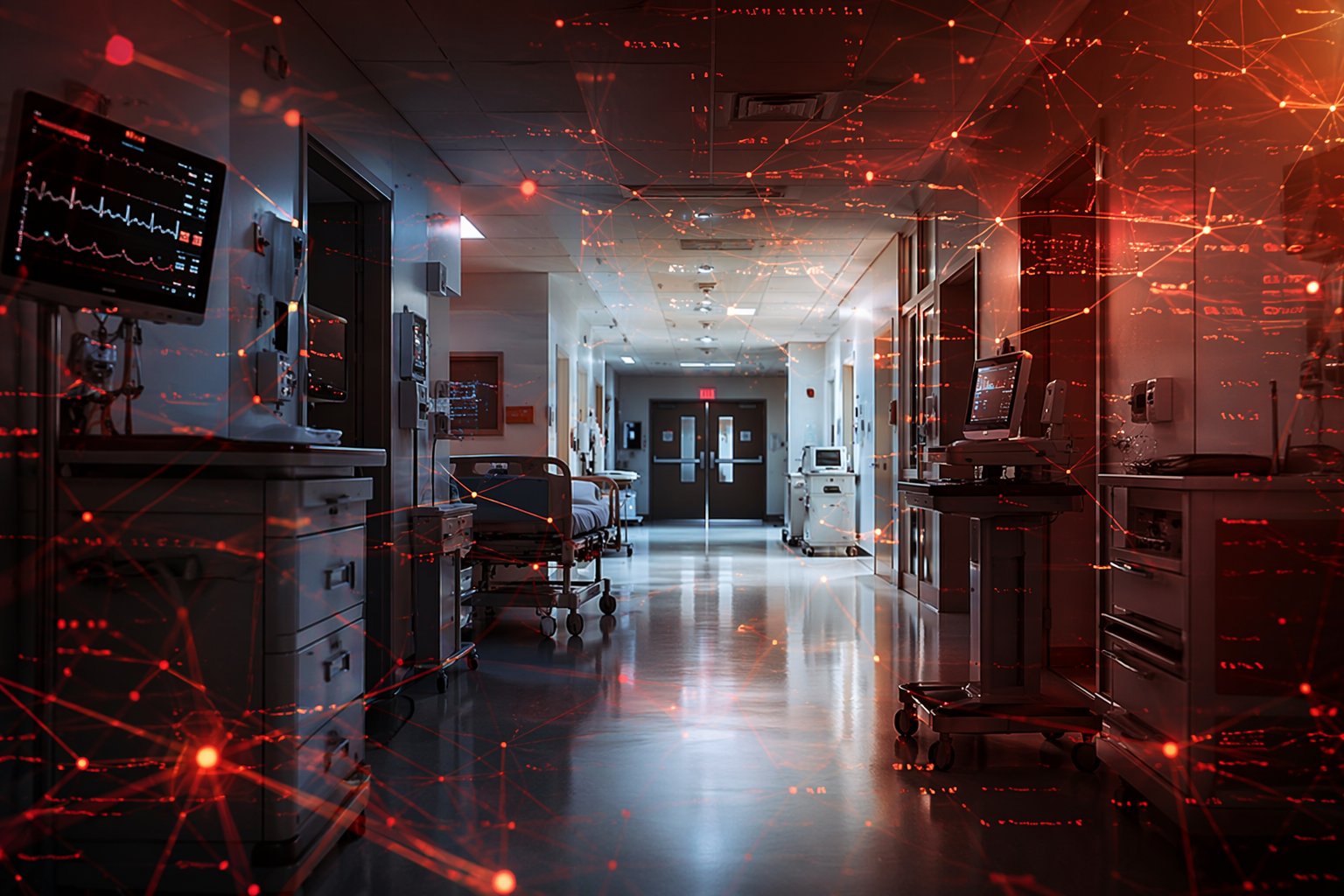 Hospital corridor overlaid with digital network nodes suggesting a cyber threat entering clinical operations