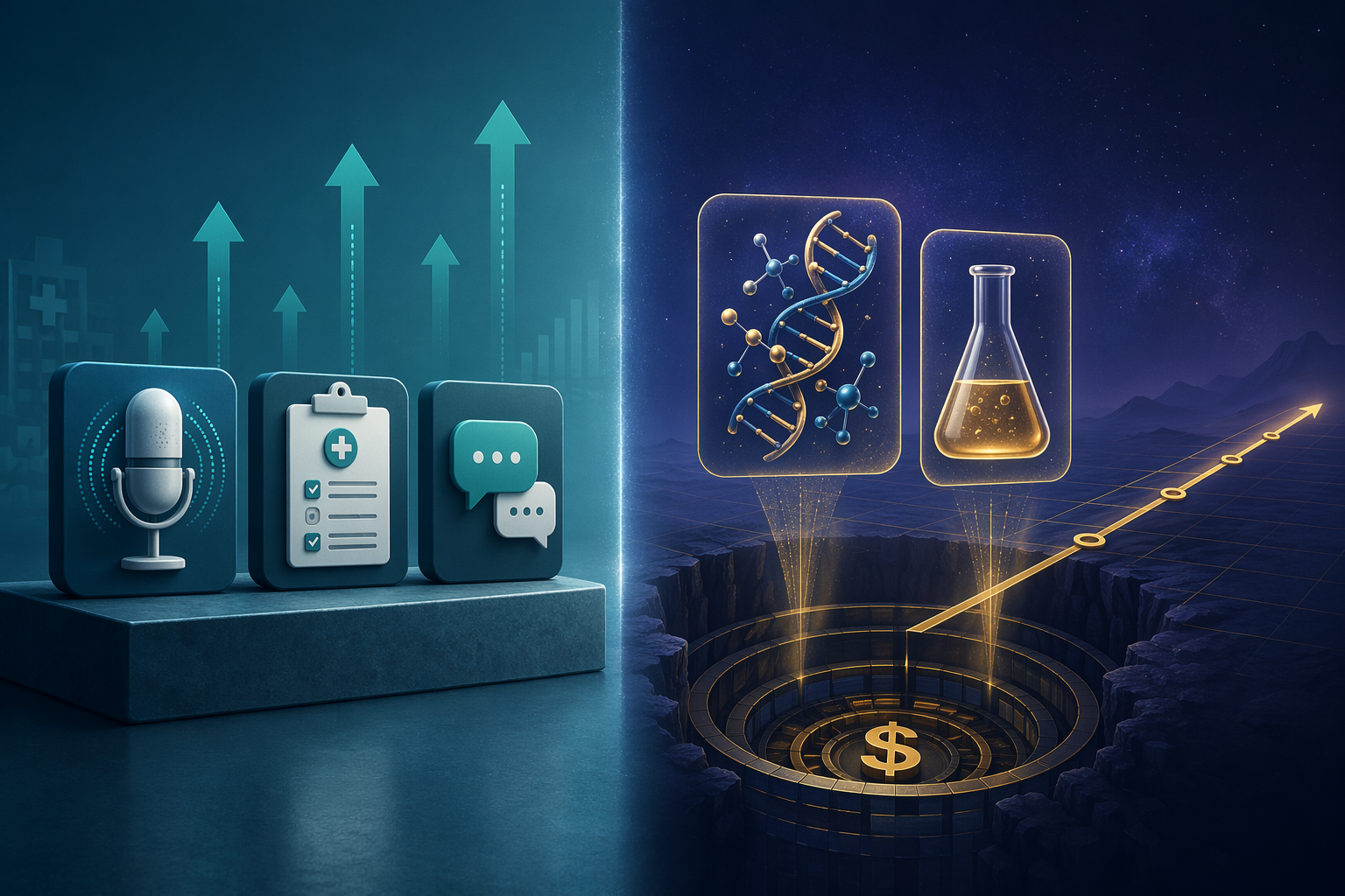 Comparison of near-term AI adoption categories with documentation and workflow icons versus long-horizon drug discovery with molecular and laboratory symbols