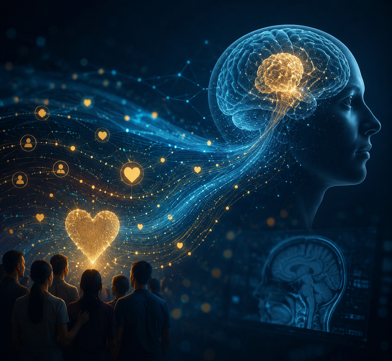 Abstract data streams and network nodes forming a brain shape with donation symbols