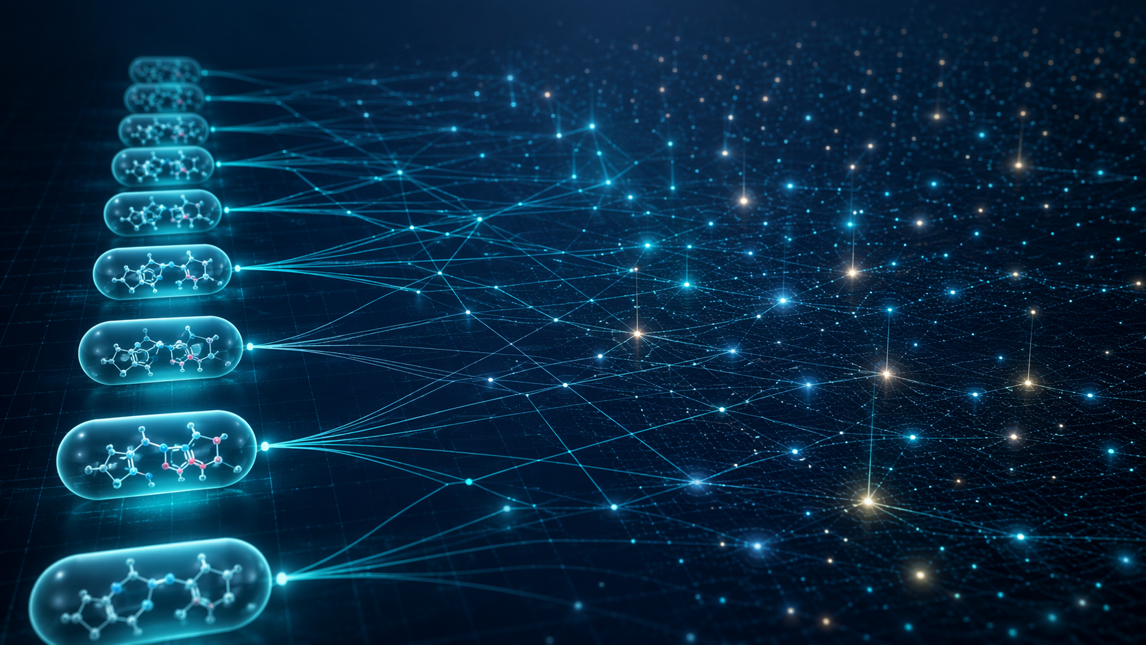 Glowing drug molecules connected by network lines, suggesting AI matching approved drugs to rare disease targets