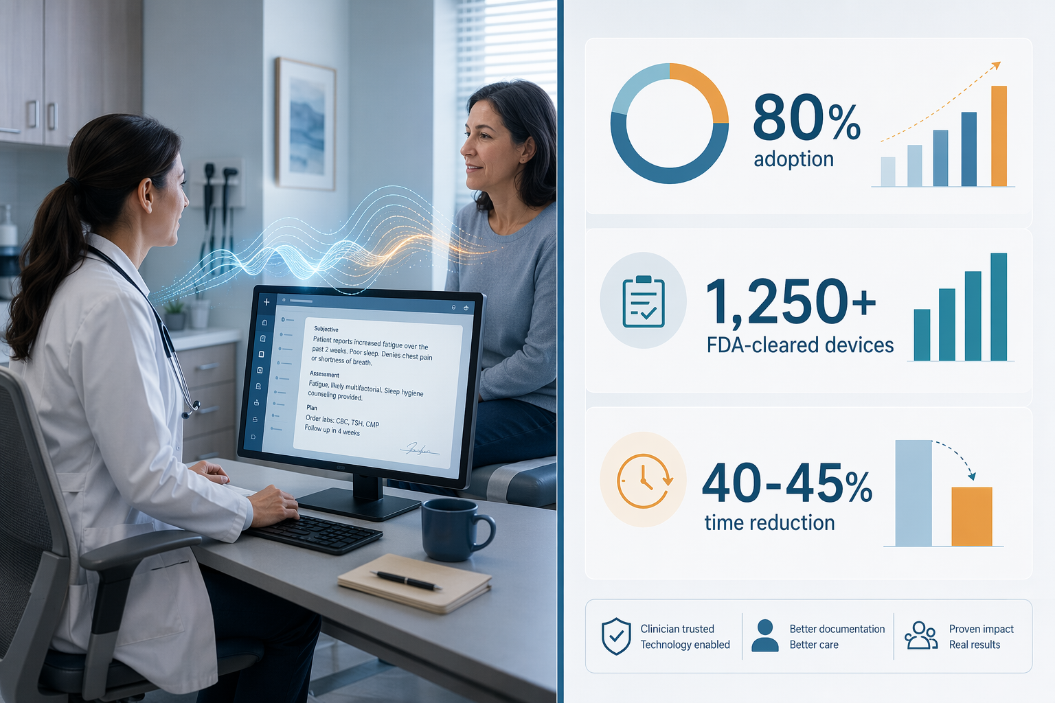 Split editorial illustration: left side shows a clinician at a workstation with ambient AI documentation waves flowing into an EHR screen; right side shows a dashboard with adoption statistics, FDA clearances, and documentation time reductions.