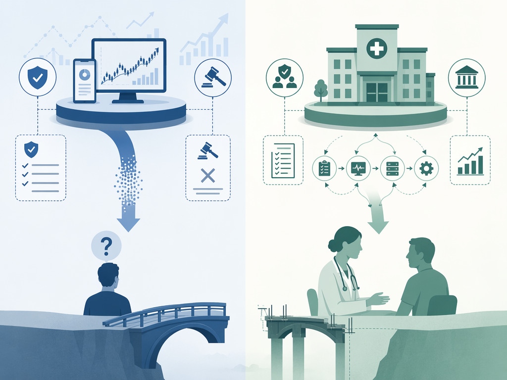 Side-by-side comparison of finance and healthcare accountability structures for autonomous AI agents