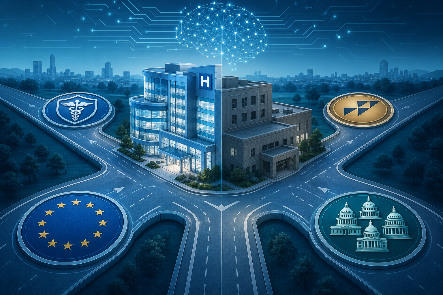 Central crossroads junction with a hospital building split into two halves — large and bright on one side, smaller and muted on the other — with regulatory badges positioned at each road.