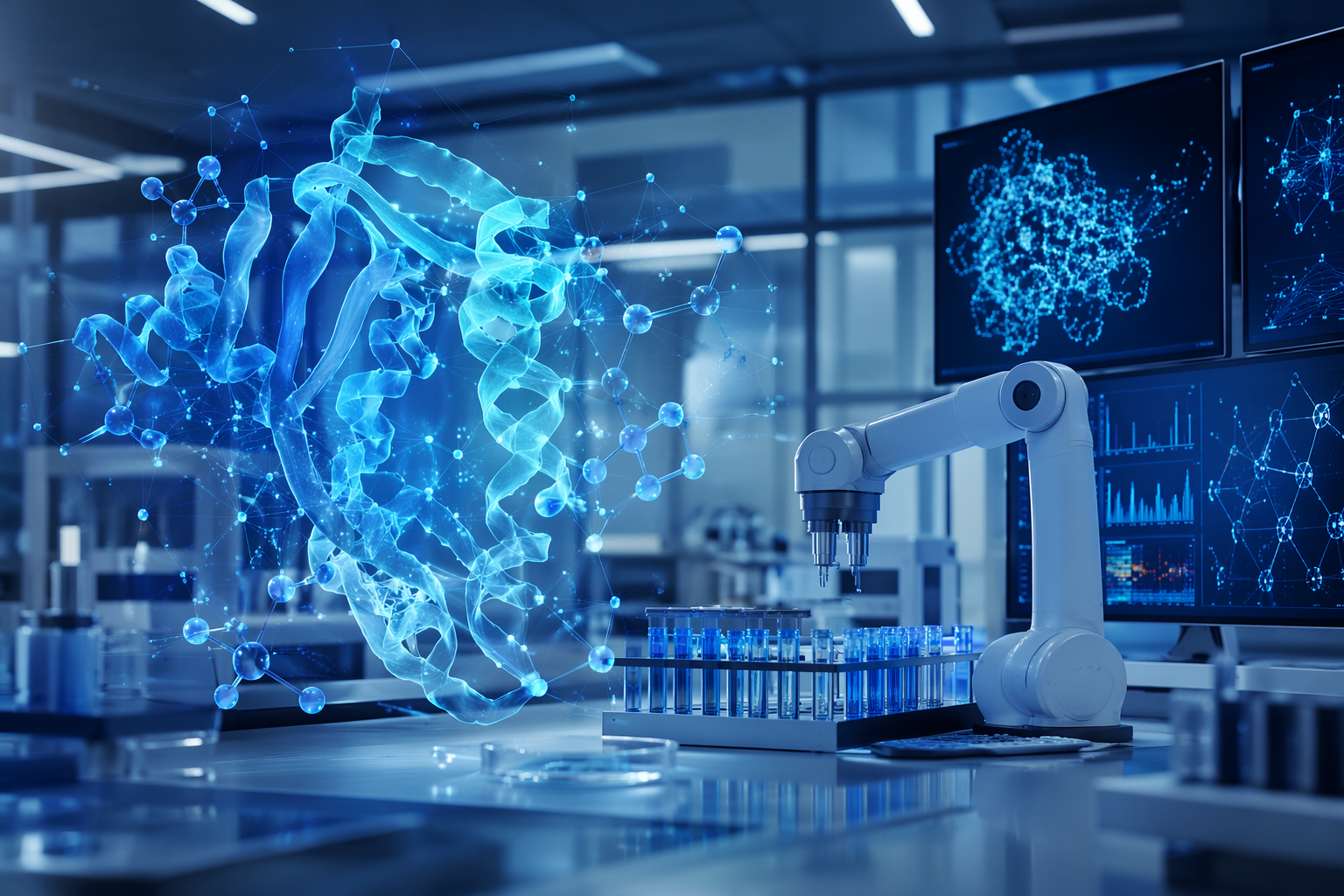 Blue and teal molecular structure above a pharmaceutical laboratory with robotics and data visualization screens