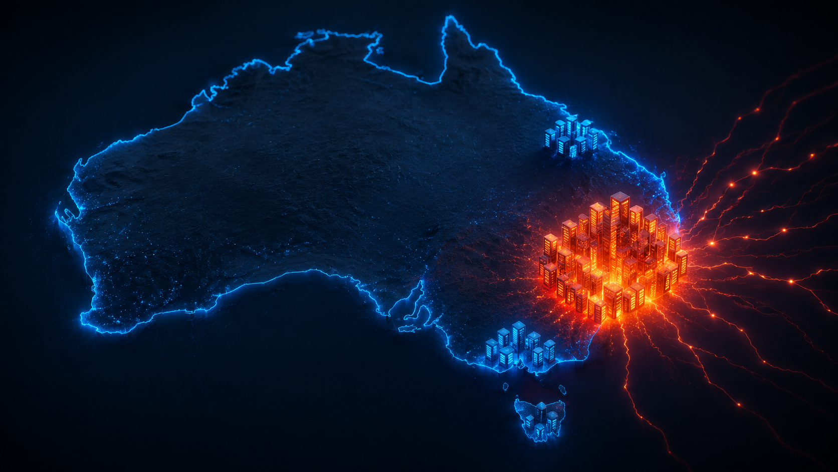 Stylized map of Australia showing dense server concentration around Sydney and smaller clusters elsewhere
