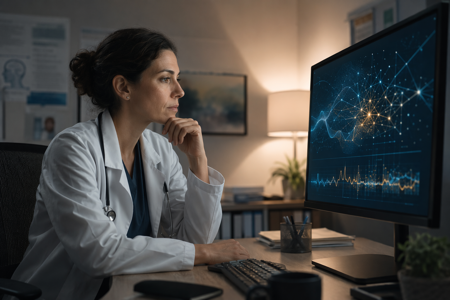 Clinician reviewing AI-generated risk indicators at a medical workstation