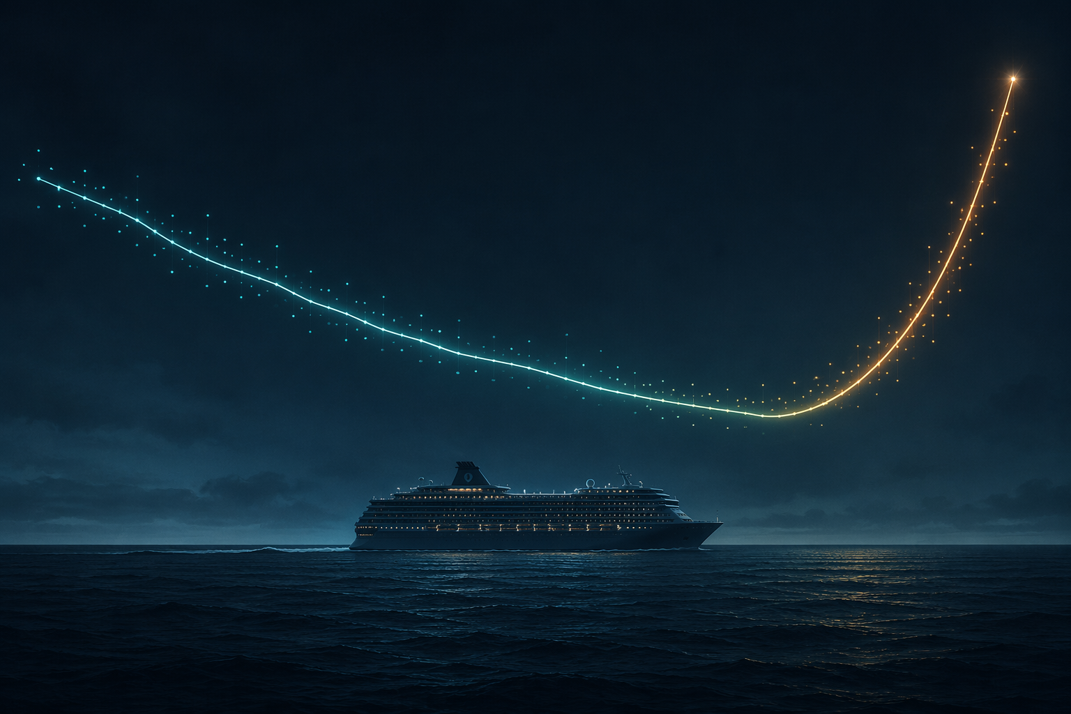 Cruise ship silhouette under a trend line that declines before rising sharply