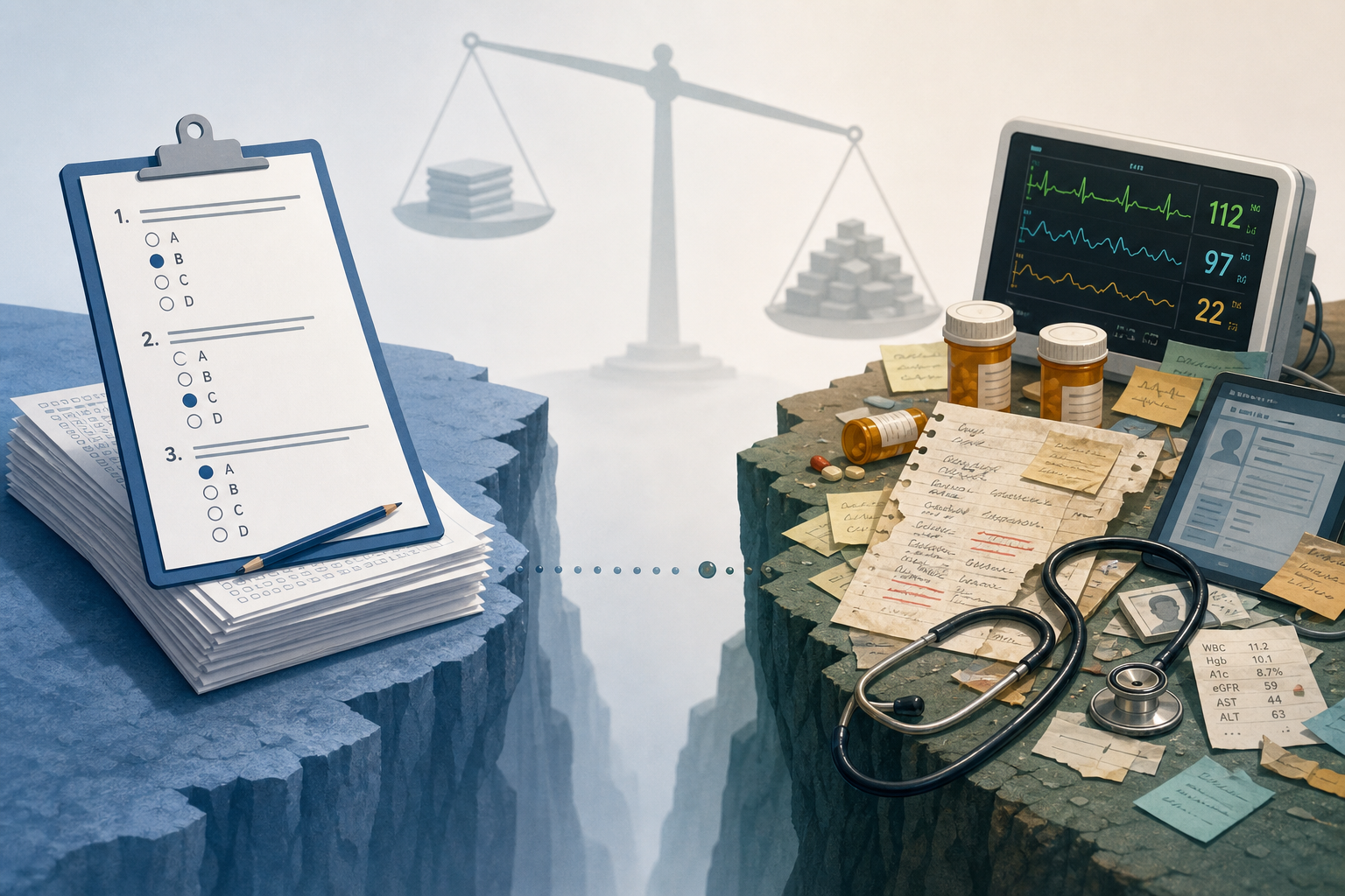 A conceptual editorial illustration contrasting two data sources. The left side shows neat exam-style multiple choice sheets representing simulated data in cool blue tones. The right side shows messy real-world patient data — prescription bottles, vital signs, a fragmented clinical note, and a stethoscope — in warm teal and earth tones. A wide gap separates the two sides with only a tiny dotted path crossing it.