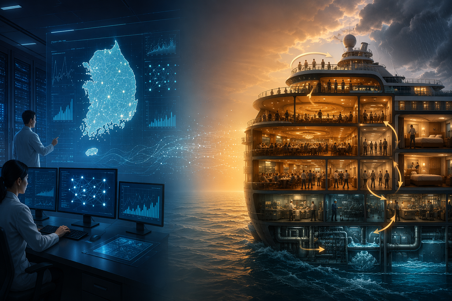 Split comparison of land-based population surveillance and cruise ship outbreak monitoring with passenger turnover and ship systems