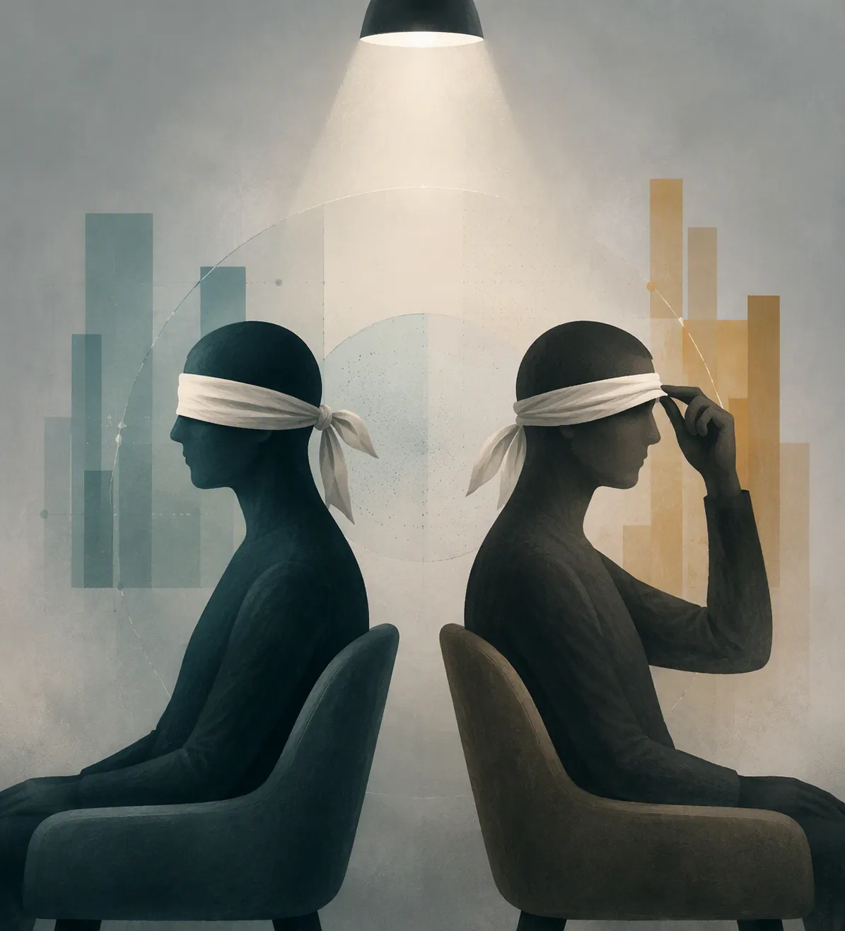 Conceptual image of two blindfolded figures, one with a loosened blindfold, representing imperfect blinding in a clinical trial
