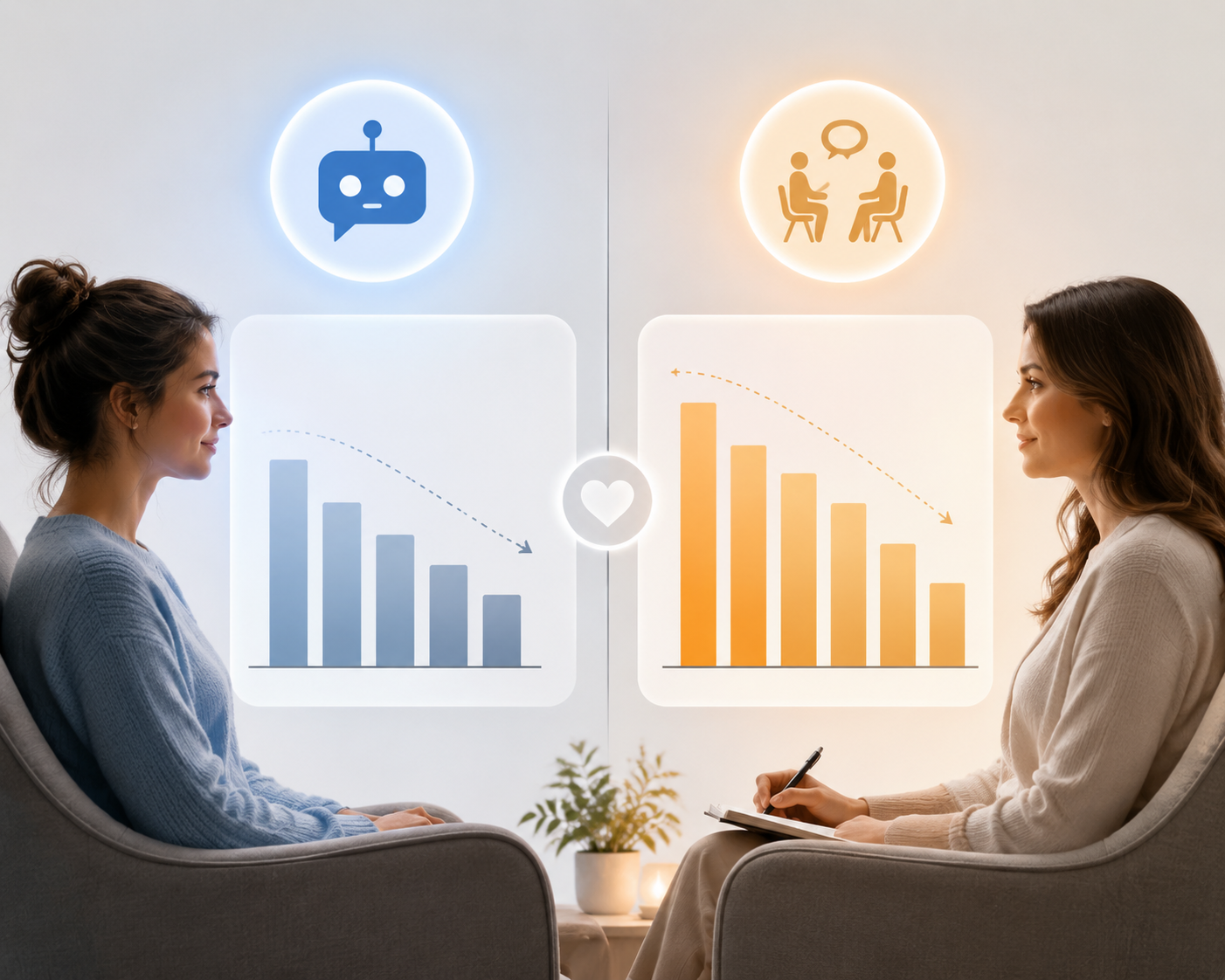 Side-by-side editorial graphic showing smaller chatbot symptom reduction bars and larger traditional therapy bars